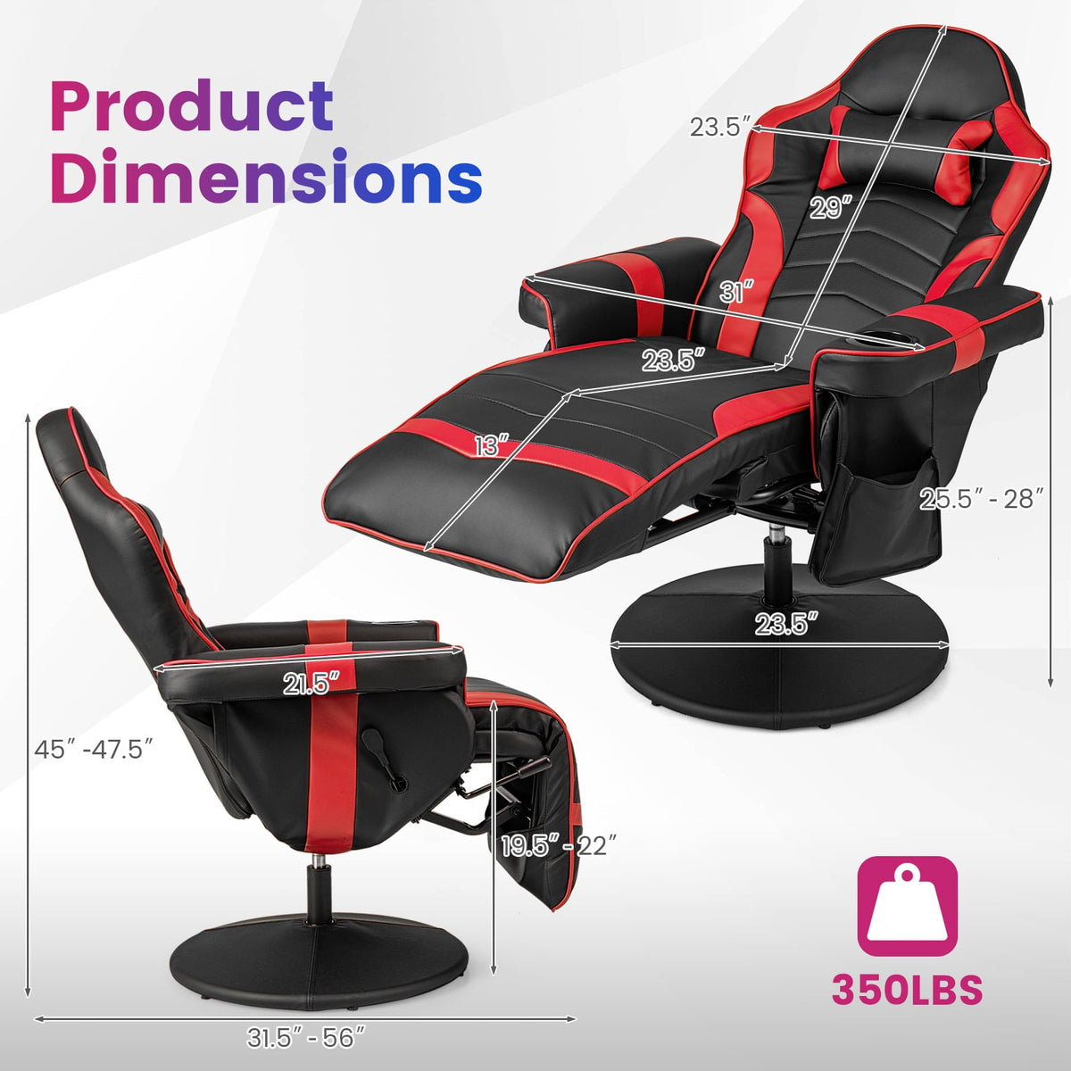 Massage Video Gaming Recliner Chair with Adjustable Height-Red-Gaming Chairs-DECOROLALA