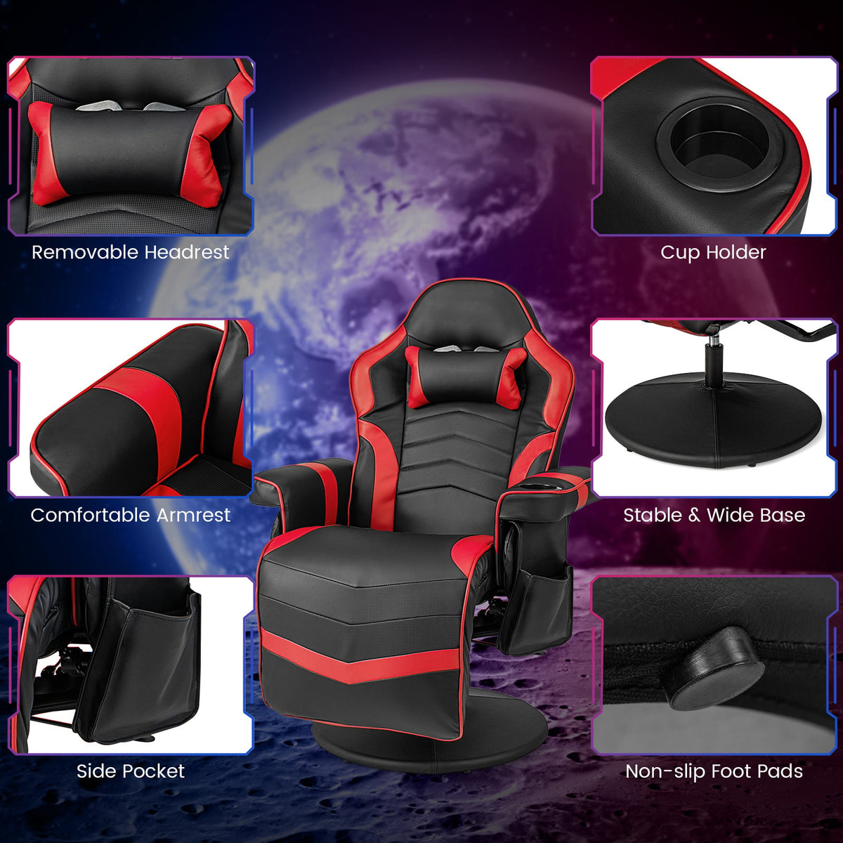 Massage Video Gaming Recliner Chair with Adjustable Height-Red-Gaming Chairs-DECOROLALA