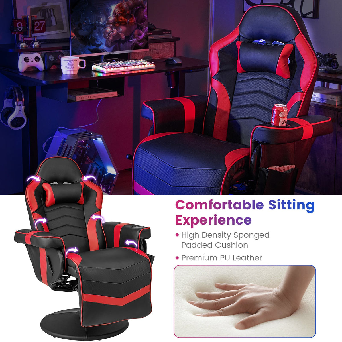 Massage Video Gaming Recliner Chair with Adjustable Height-Red-Gaming Chairs-DECOROLALA