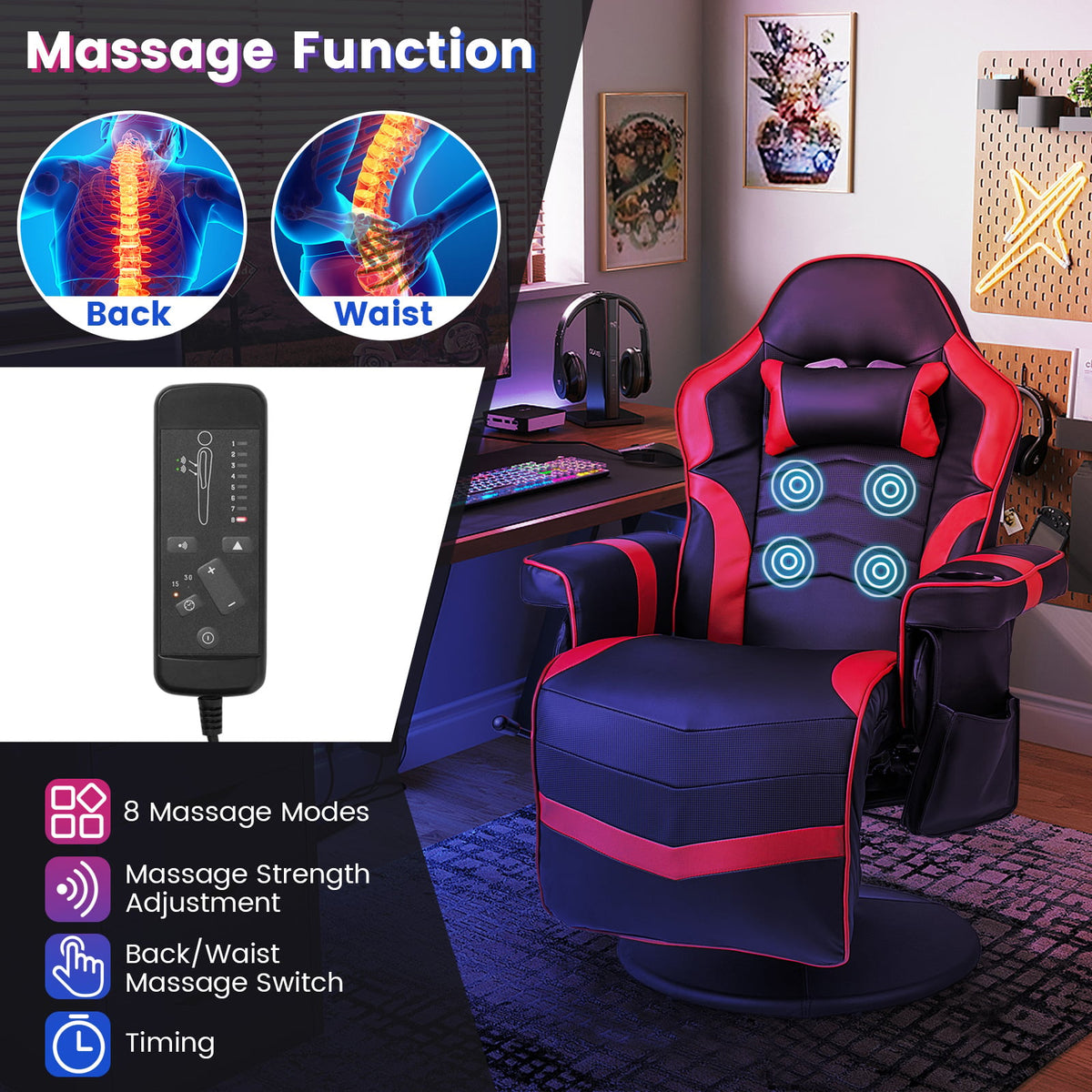 Massage Video Gaming Recliner Chair with Adjustable Height-Red-Gaming Chairs-DECOROLALA