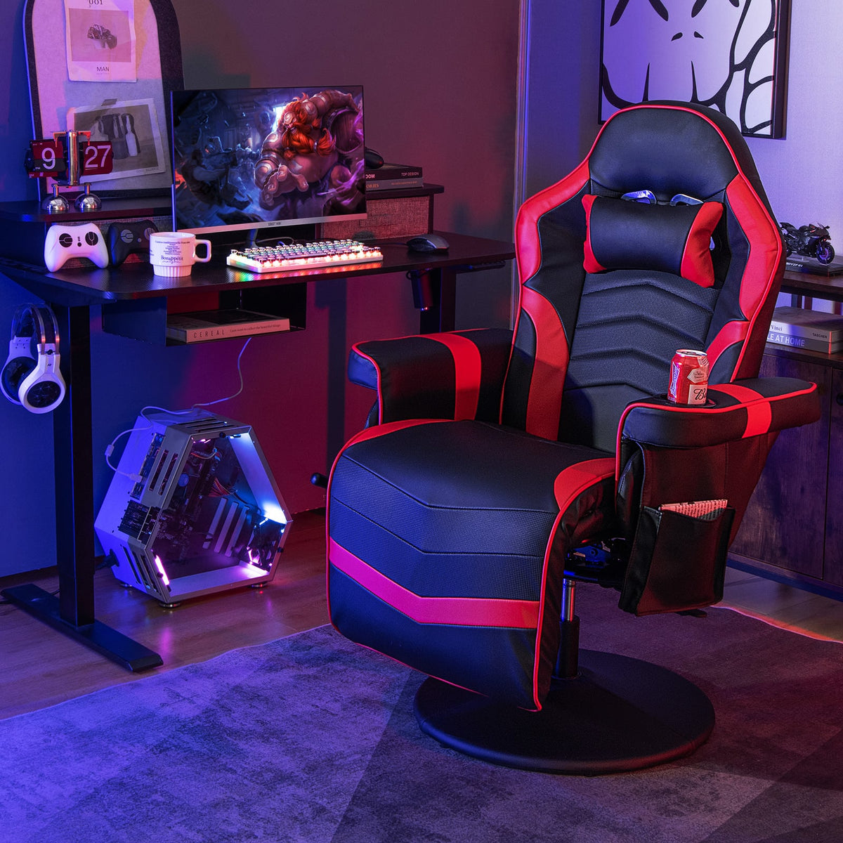 Massage Video Gaming Recliner Chair with Adjustable Height-Red-Gaming Chairs-DECOROLALA