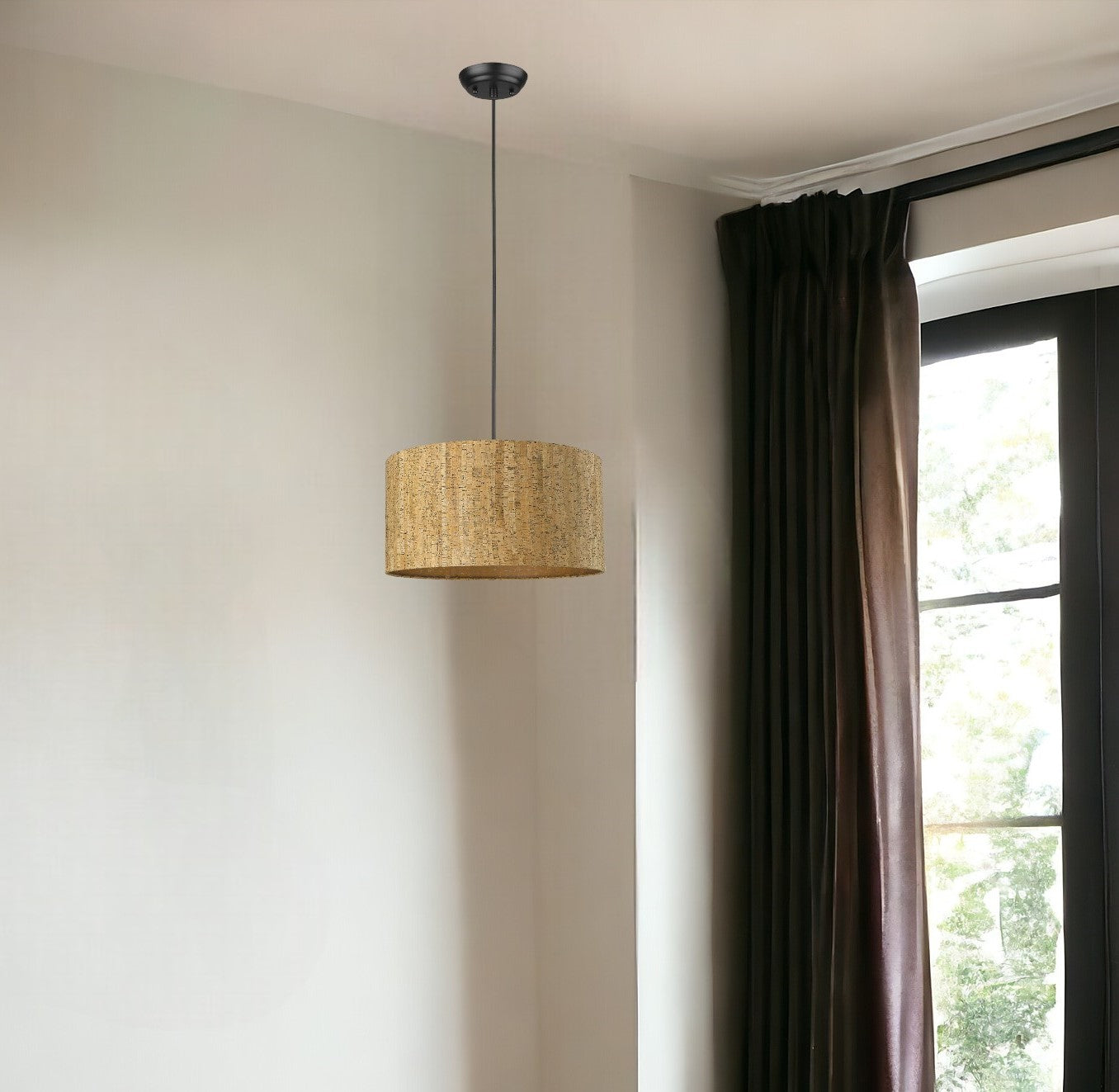 Matte Black Cork Shade Modern One Light Hanging Pendent Lamp-Chandeliers-DECOROLALA