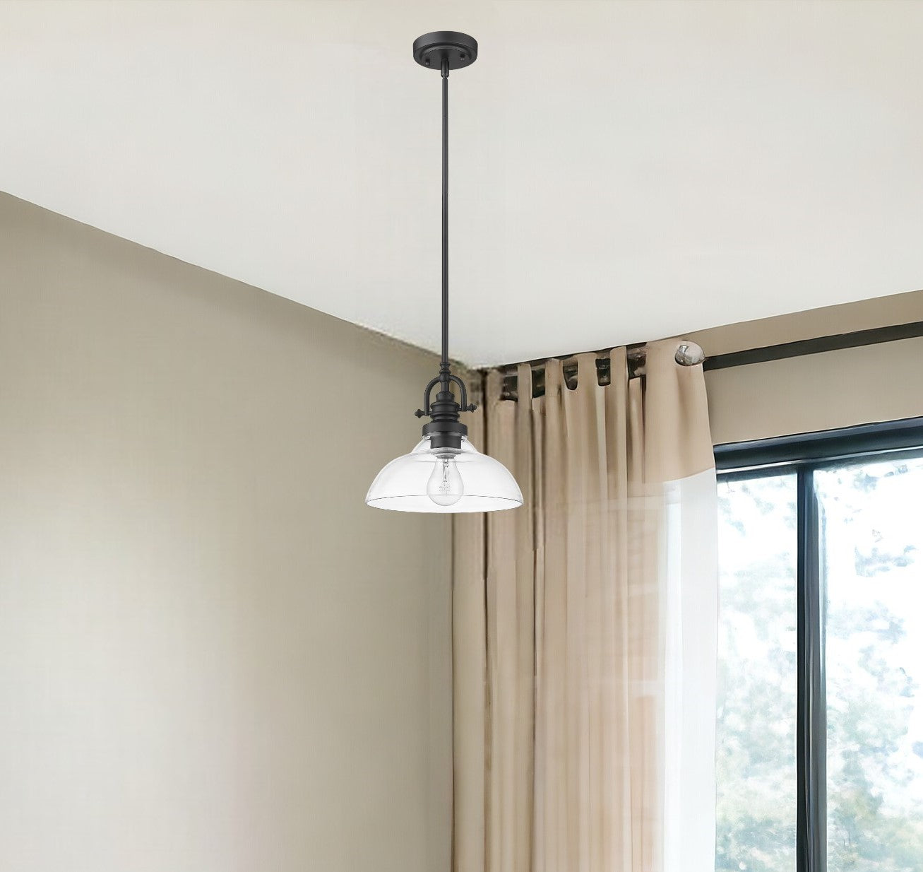 Matte Black Hanging Light with Glass Dome Shade-Chandeliers-DECOROLALA