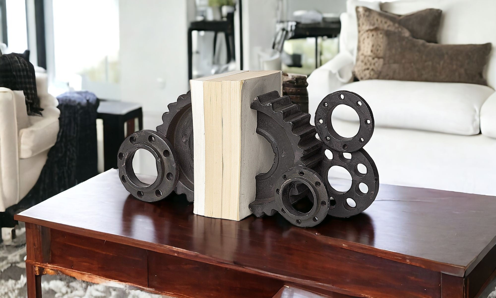 Matte Black Industrial Cogs Bookends-Sculptures-DECOROLALA
