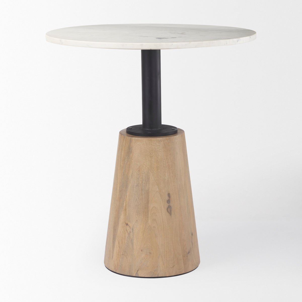 Maxwell 32" Round Pedestal Dining Table | Modern | White Marble & Black Metal/Blonde Wood | Seats 2-Dining Tables-DECOROLALA