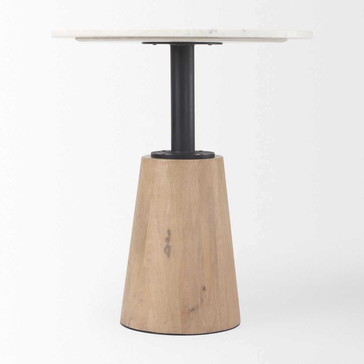 Maxwell 32" Round Pedestal Dining Table | Modern | White Marble & Black Metal/Blonde Wood | Seats 2-Dining Tables-DECOROLALA