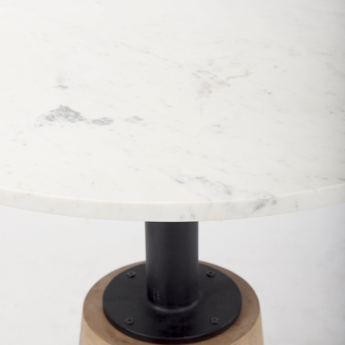 Maxwell 32" Round Pedestal Dining Table | Modern | White Marble & Black Metal/Blonde Wood | Seats 2-Dining Tables-DECOROLALA