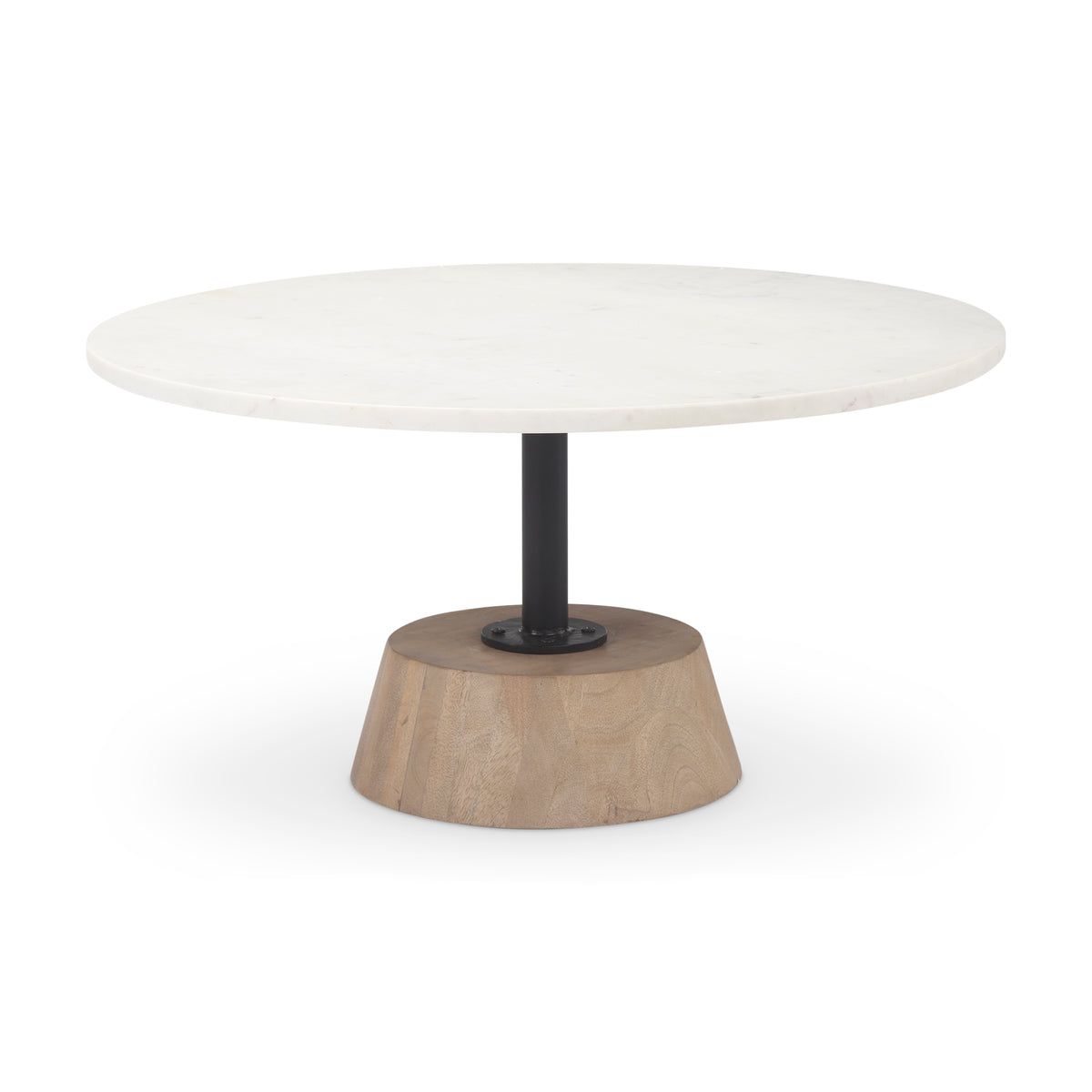 Maxwell 34" Dark Wood W/ Black Metal Pedestal Base Round Coffee Table-Coffee Tables-DECOROLALA