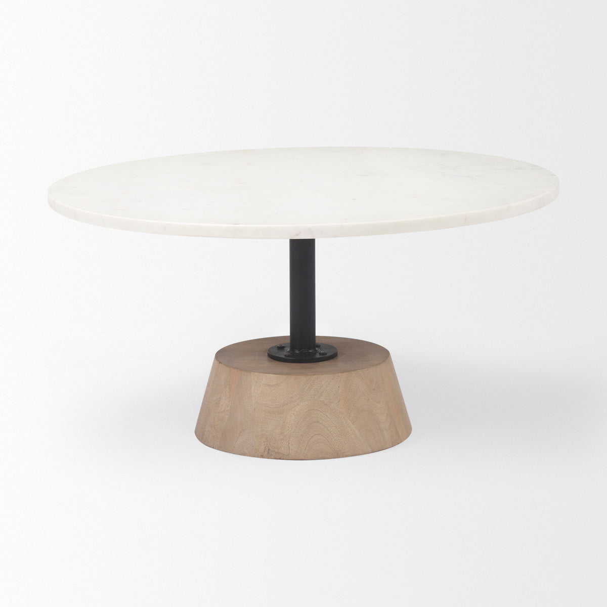 Maxwell 34" Dark Wood W/ Black Metal Pedestal Base Round Coffee Table-Coffee Tables-DECOROLALA