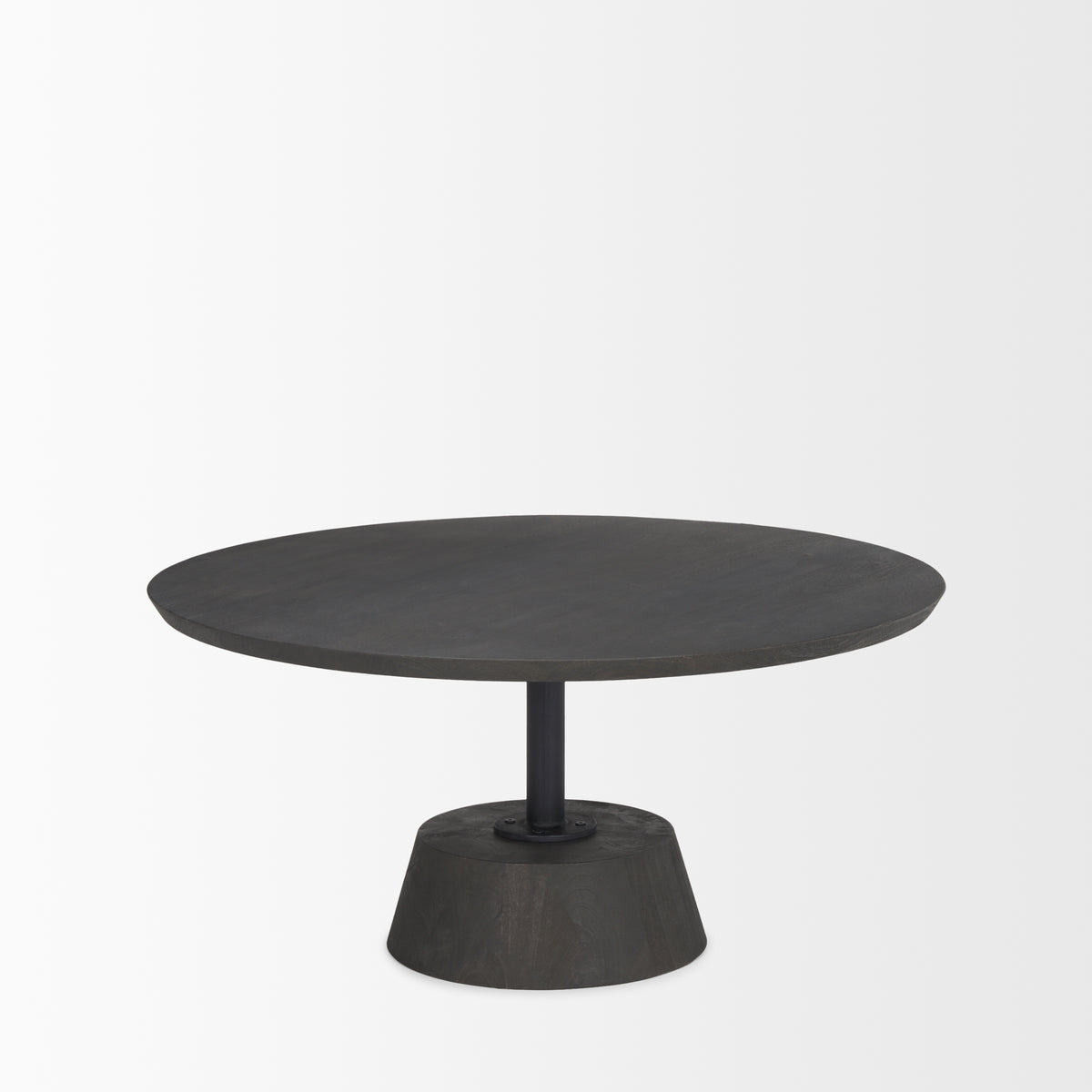 Maxwell 34" Dark Wood W/ Black Metal Pedestal Base Round Coffee Table-Coffee Tables-DECOROLALA