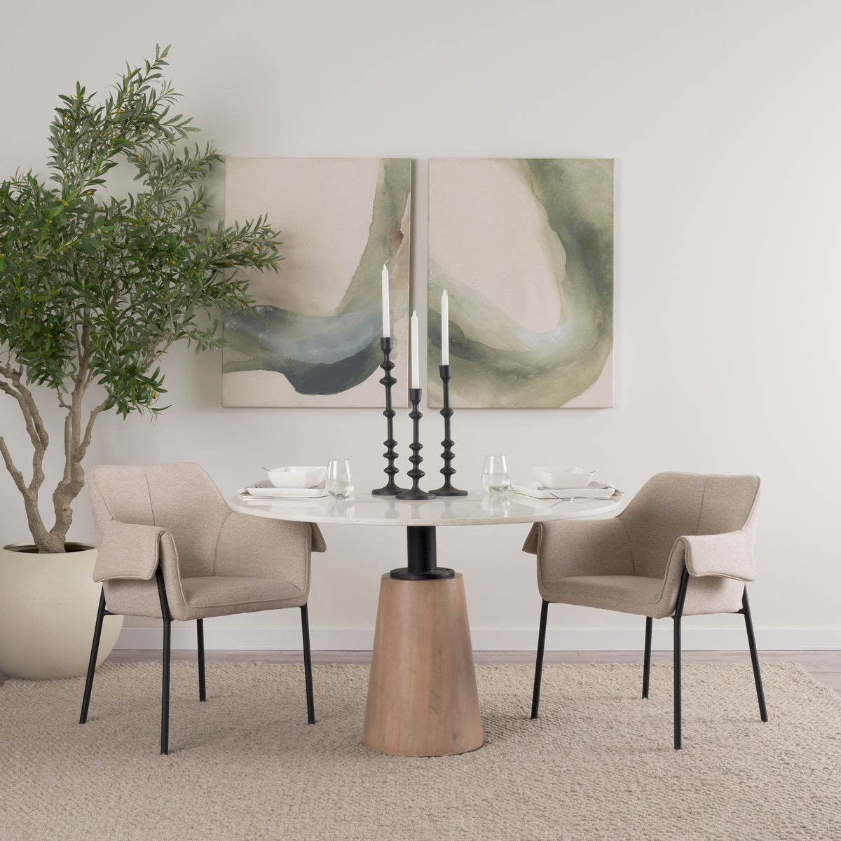 Maxwell 48" Round Pedestal Dining Table | White Marble & Light Wood | Seats 4-Dining Tables-DECOROLALA
