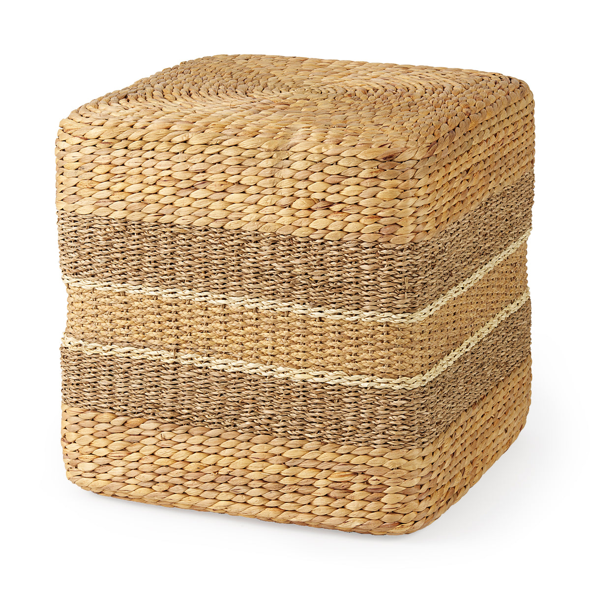 Maya 17.7L x 17.7W x 17.7H Light Brown W/Medium Brown Stripes Seagrass Square Pouf-Poufs-DECOROLALA