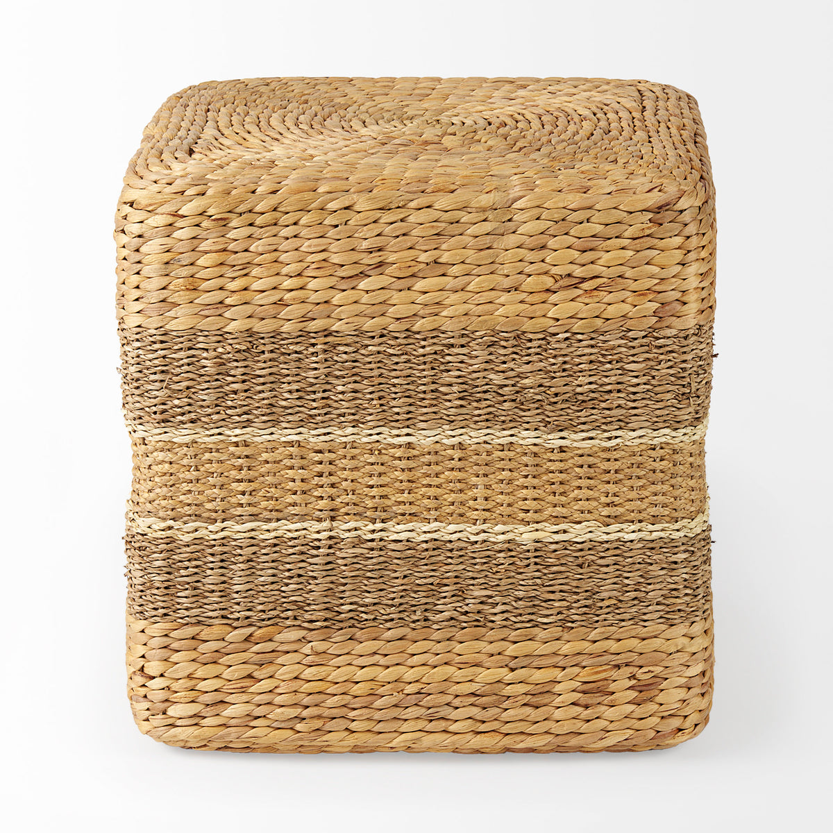 Maya 17.7L x 17.7W x 17.7H Light Brown W/Medium Brown Stripes Seagrass Square Pouf-Poufs-DECOROLALA