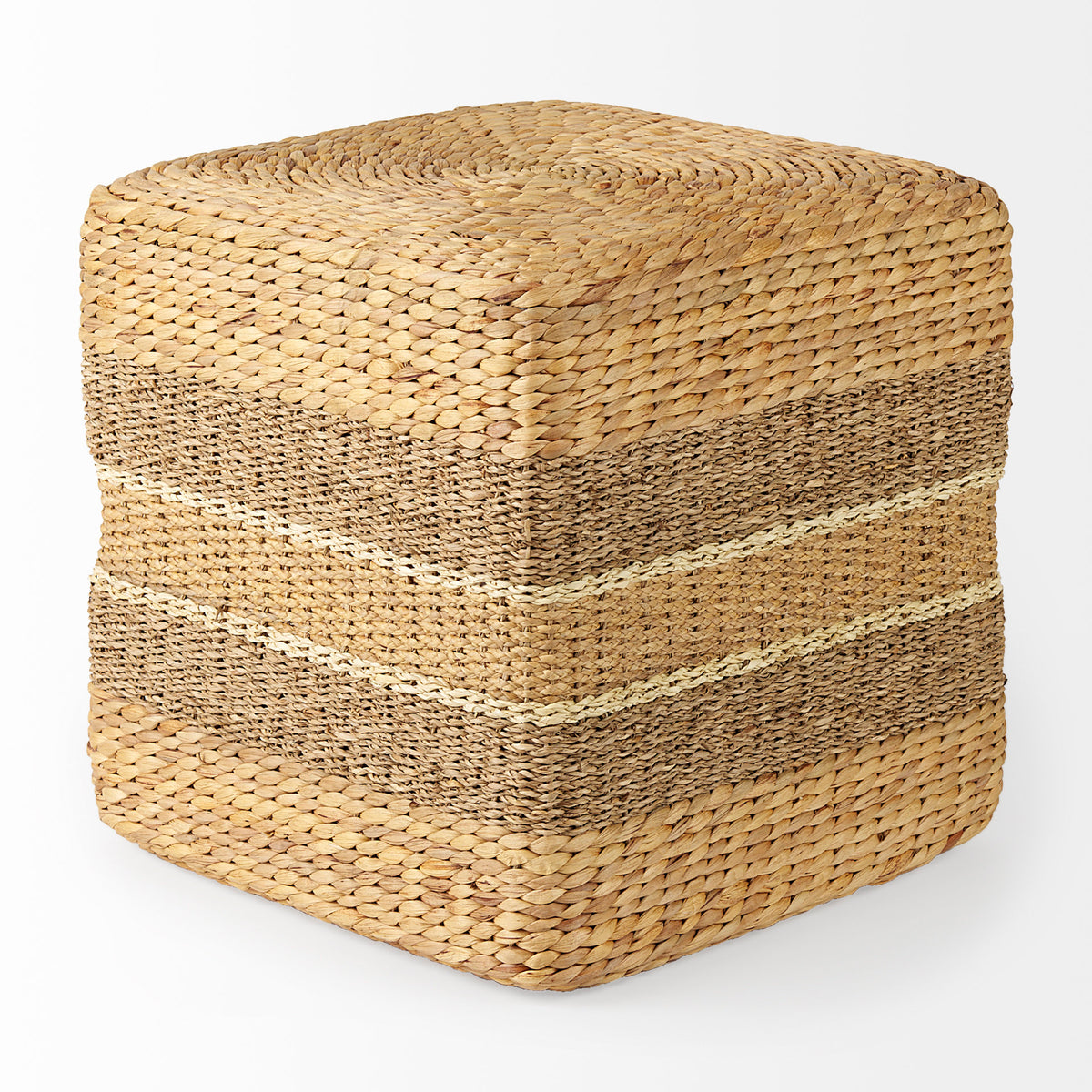 Maya 17.7L x 17.7W x 17.7H Light Brown W/Medium Brown Stripes Seagrass Square Pouf-Poufs-DECOROLALA