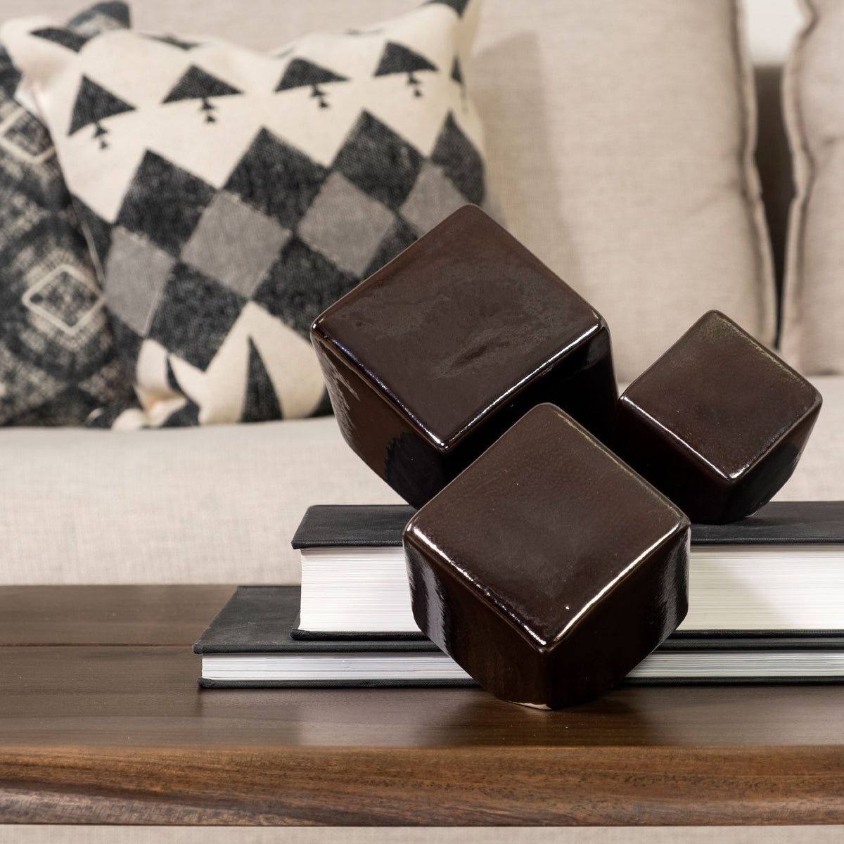 Mayweather (Set of 3) Black Geometric Ceramic Cubes-Objects-DECOROLALA