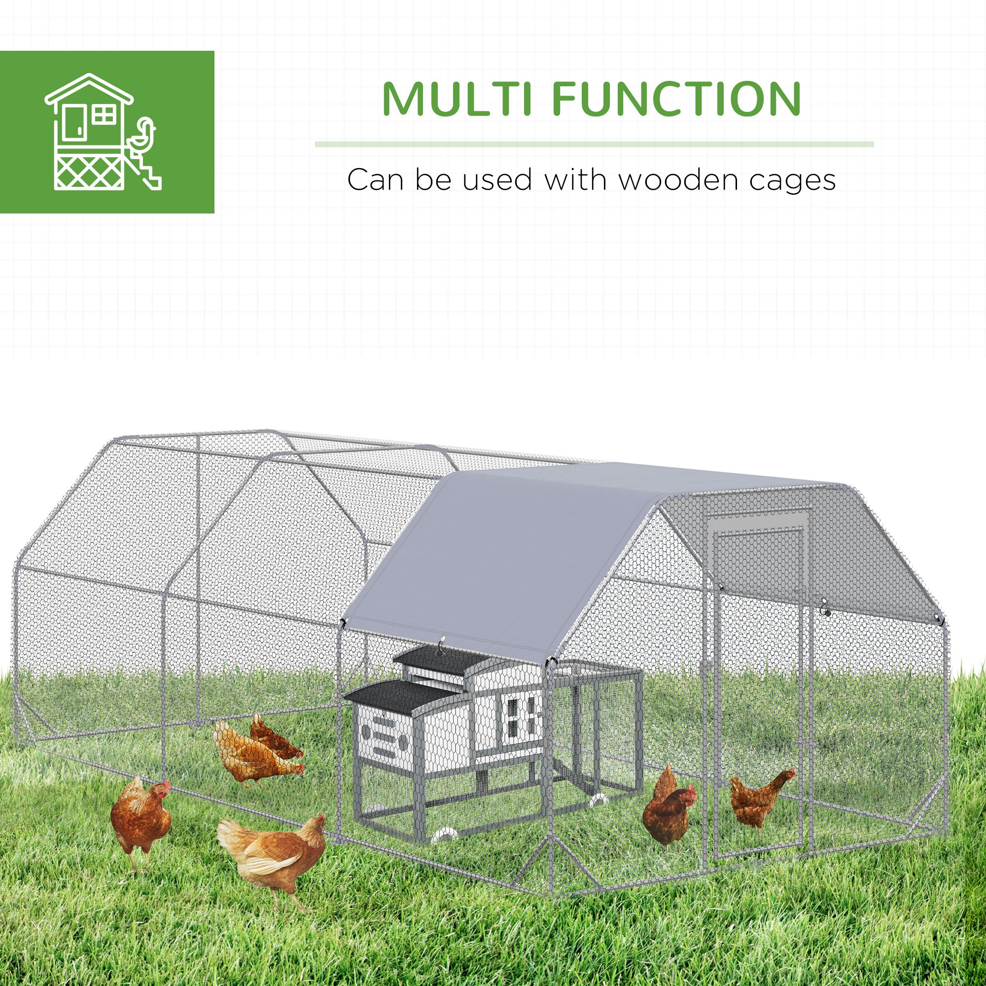 Chicken Run Outdoor, Galvanized Large Metal Chicken Coop Cage, Walk-in Enclosure Poultry Hen Run House Playpen Rabbit Hutch with Flat Roof, Cover, 9.2'x18.7'x6.5', Silver