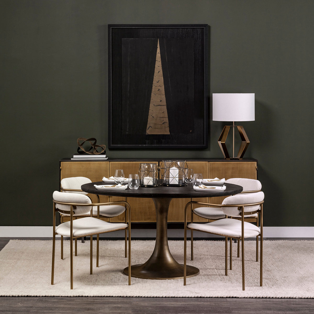 McLeod 54" Round Pedestal Dining Table | Modern | Brown Wood & Gold Metal | Seats 4-Dining Tables-DECOROLALA
