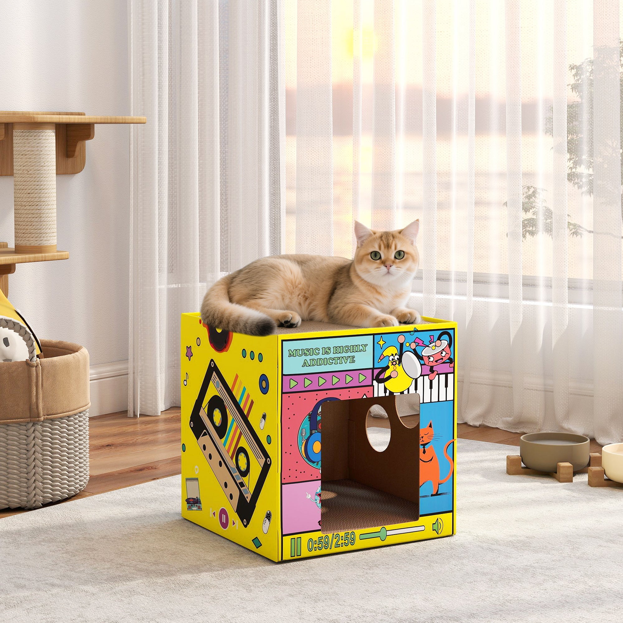 2 in 1 Cardboard Cat House, Cat Scratcher for Indoor Cats with Scratching Board & Catnip