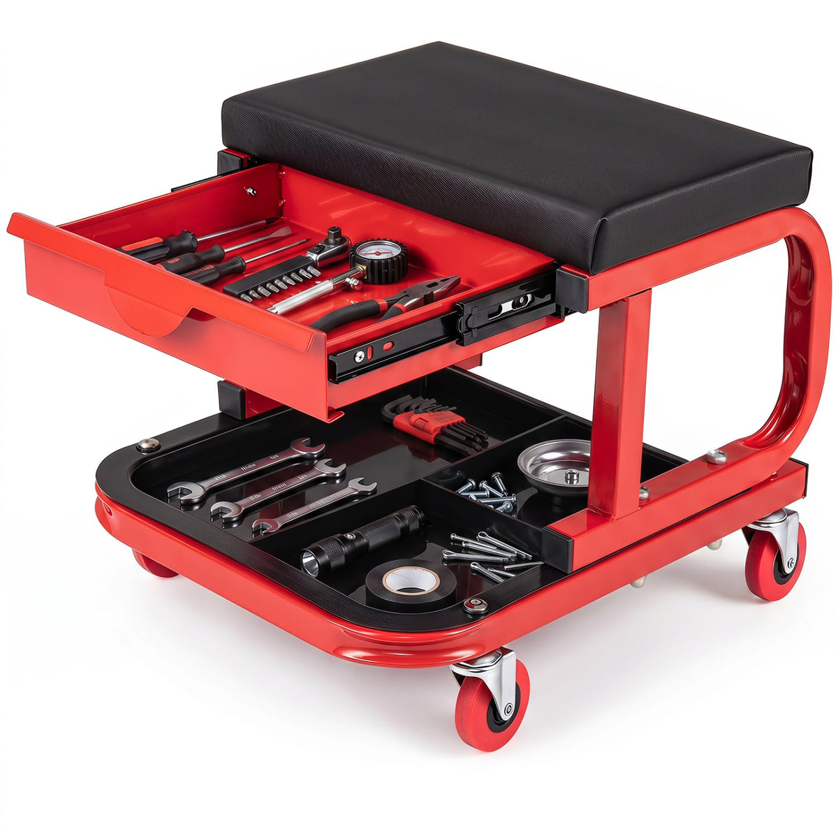 Mechanic Rolling Stool with Tool Trays and Magnetic Drawer for Garage-Red-Garages-DECOROLALA