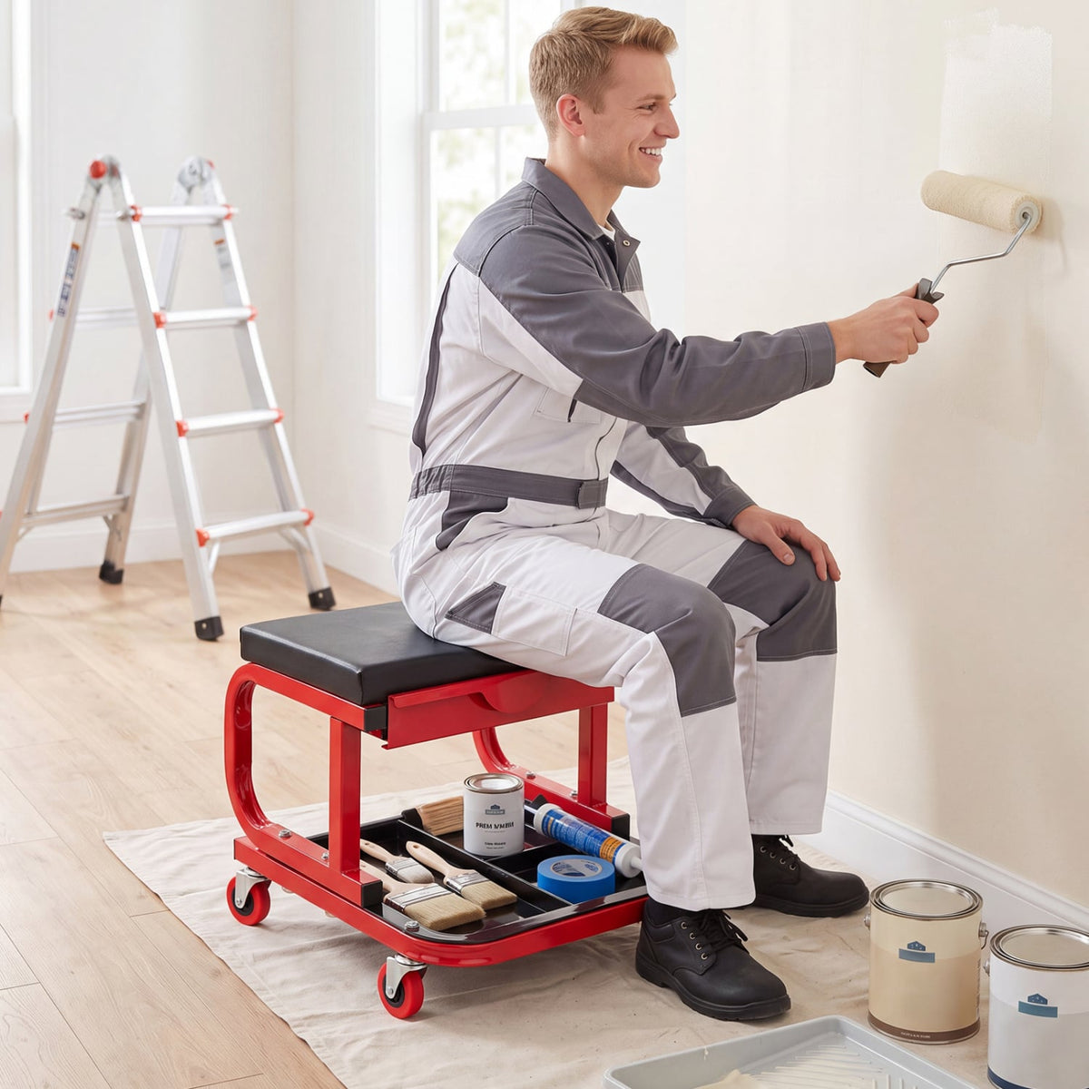 Mechanic Rolling Stool with Tool Trays and Magnetic Drawer for Garage-Red-Garages-DECOROLALA