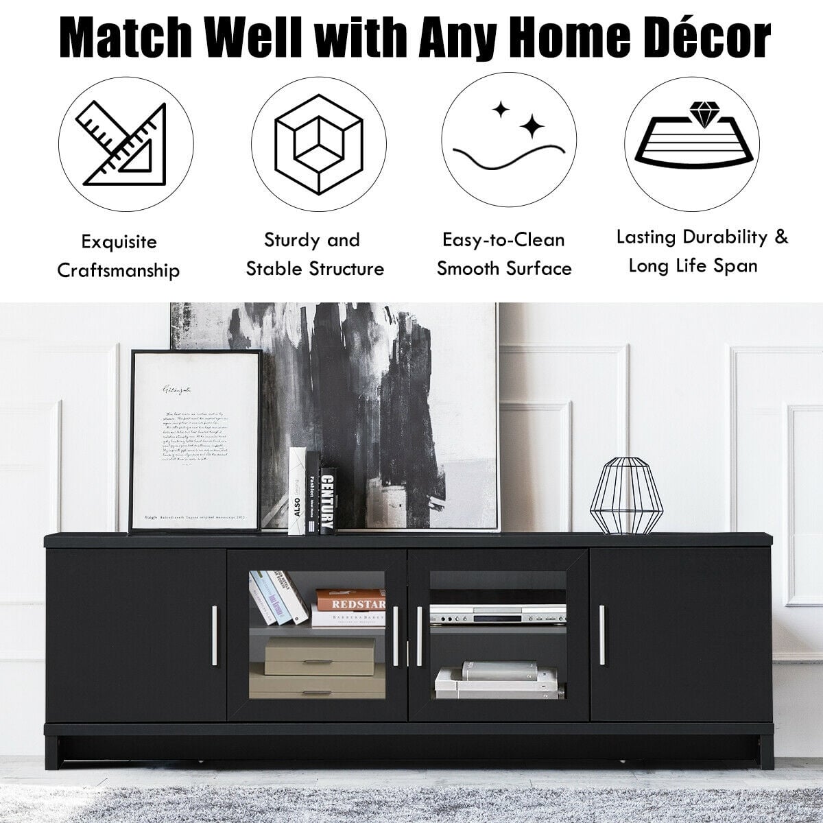 Media Entertainment TV Stand for TVs up to 70 Inch with Adjustable Shelf-Black-Entertainment Centers & TV Stands-DECOROLALA