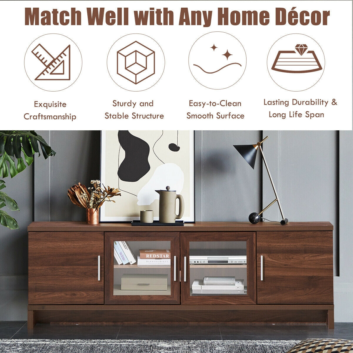 Media Entertainment TV Stand for TVs up to 70 Inch with Adjustable Shelf-Walnut-Entertainment Centers & TV Stands-DECOROLALA