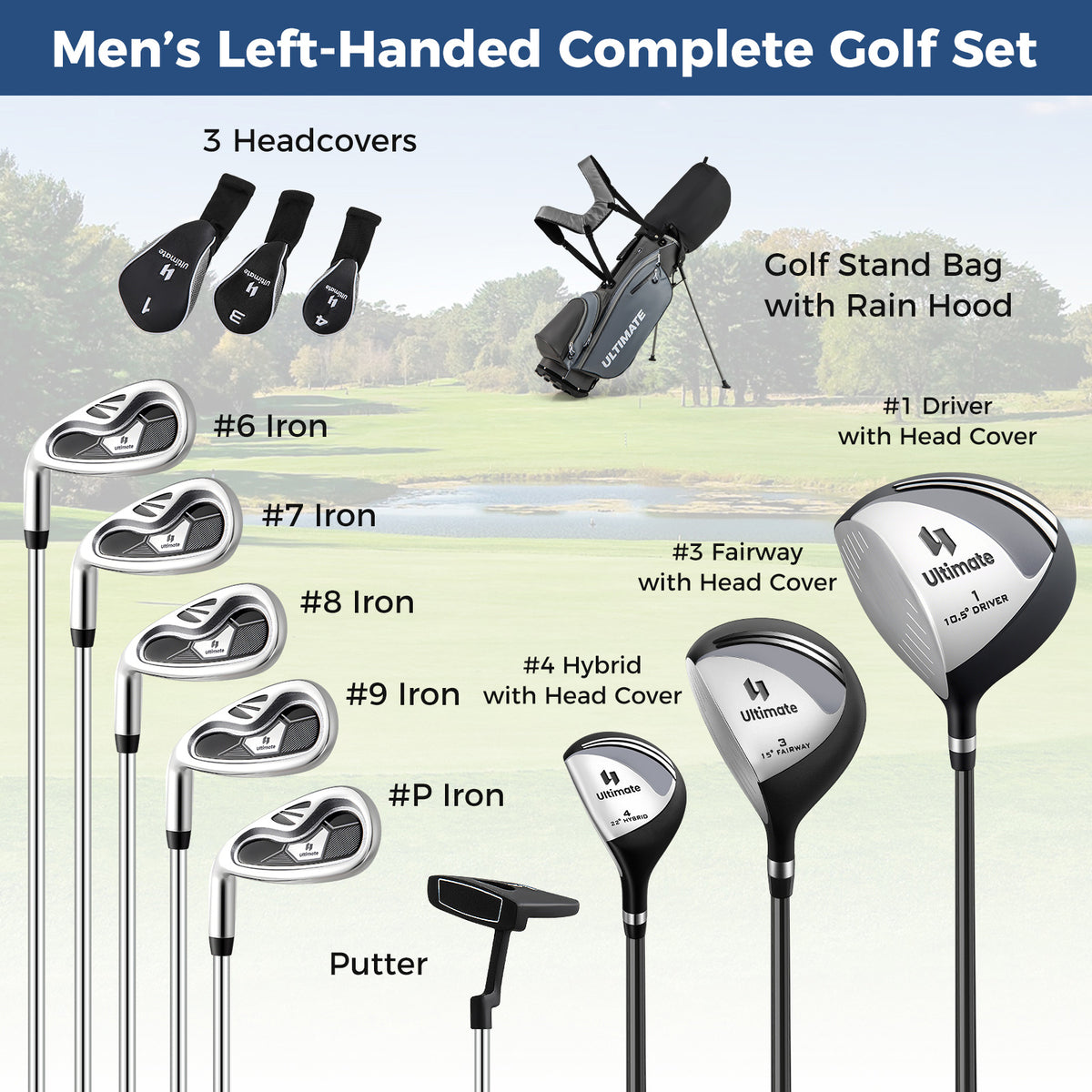 Mens LeftHanded Complete Golf Clubs and Bag Set Portable Lightweight Golf Stand Bag-Grey-Golf-DECOROLALA