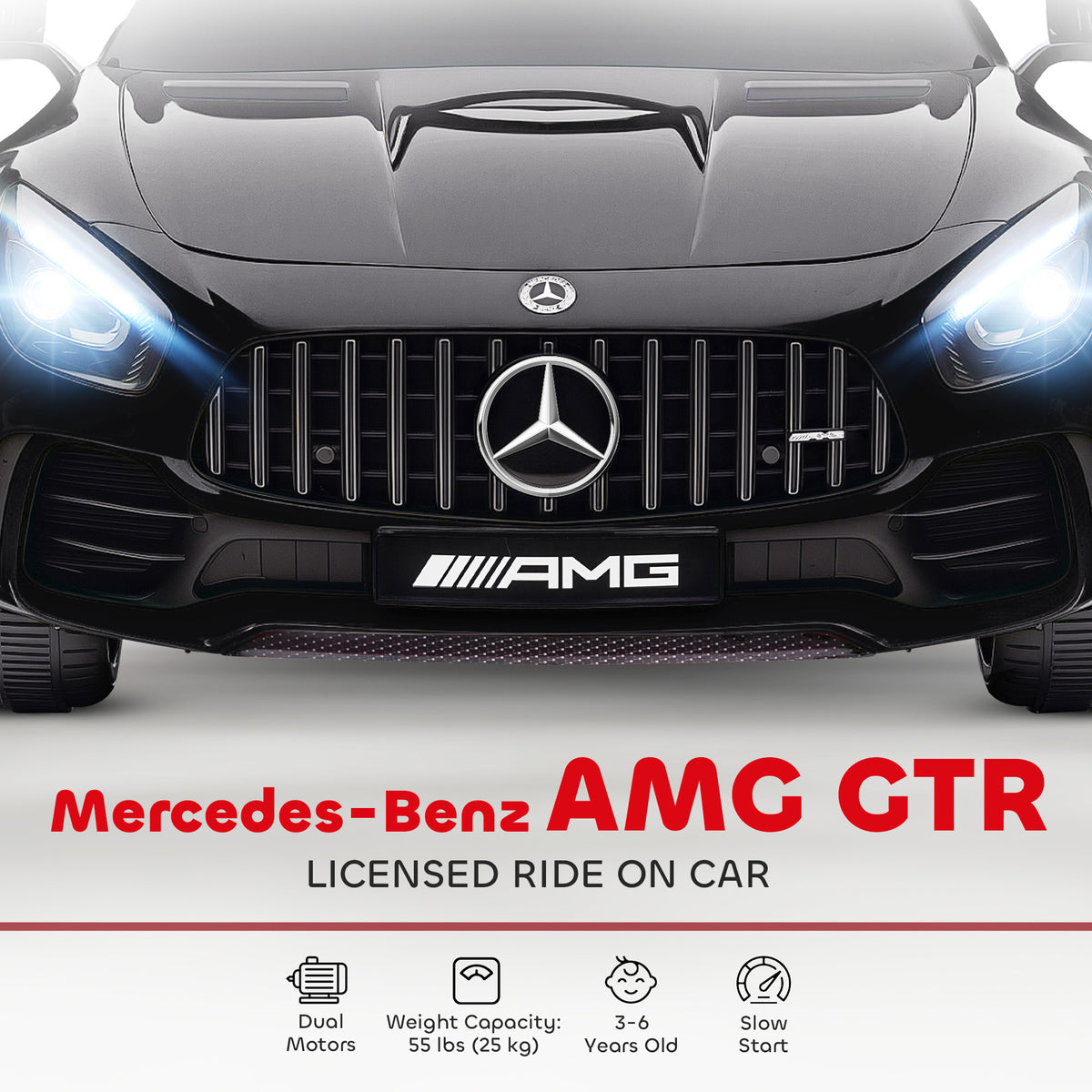Mercedes-Benz AMG GTR Licensed 12V Battery Powered Kids Electric Car w/ Remote, Soft Start, Lights, Music Horn, Black-Toys & Games > Baby & Toddler Toys > Electric Ride-On Toys > Electric Toy Cars-DECOROLALA