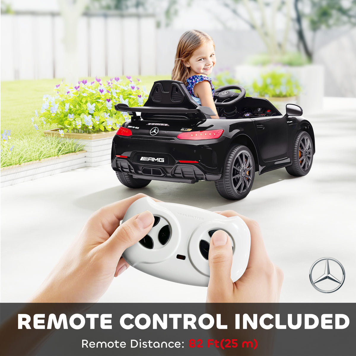 Mercedes-Benz AMG GTR Licensed 12V Battery Powered Kids Electric Car w/ Remote, Soft Start, Lights, Music Horn, Black-Toys & Games > Baby & Toddler Toys > Electric Ride-On Toys > Electric Toy Cars-DECOROLALA