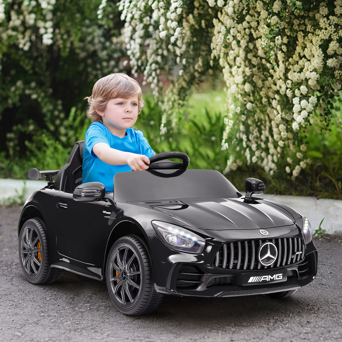 Mercedes-Benz AMG GTR Licensed 12V Battery Powered Kids Electric Car w/ Remote, Soft Start, Lights, Music Horn, Black-Toys & Games > Baby & Toddler Toys > Electric Ride-On Toys > Electric Toy Cars-DECOROLALA