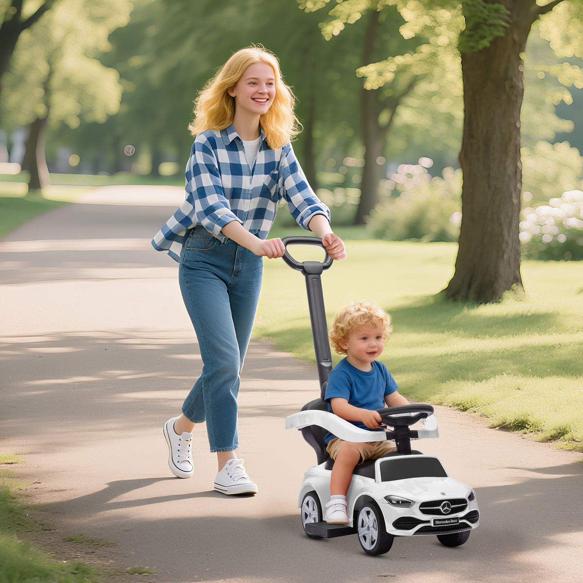 Licensed Mercedes-Benz Push Car for Toddlers, 3-in-1 Sliding Walking Car with Push Handle, Horn, Guardrail-Toys & Games > Baby & Toddler Toys > Riding & Rocking Toys > Push Cars for Toddlers-DECOROLALA