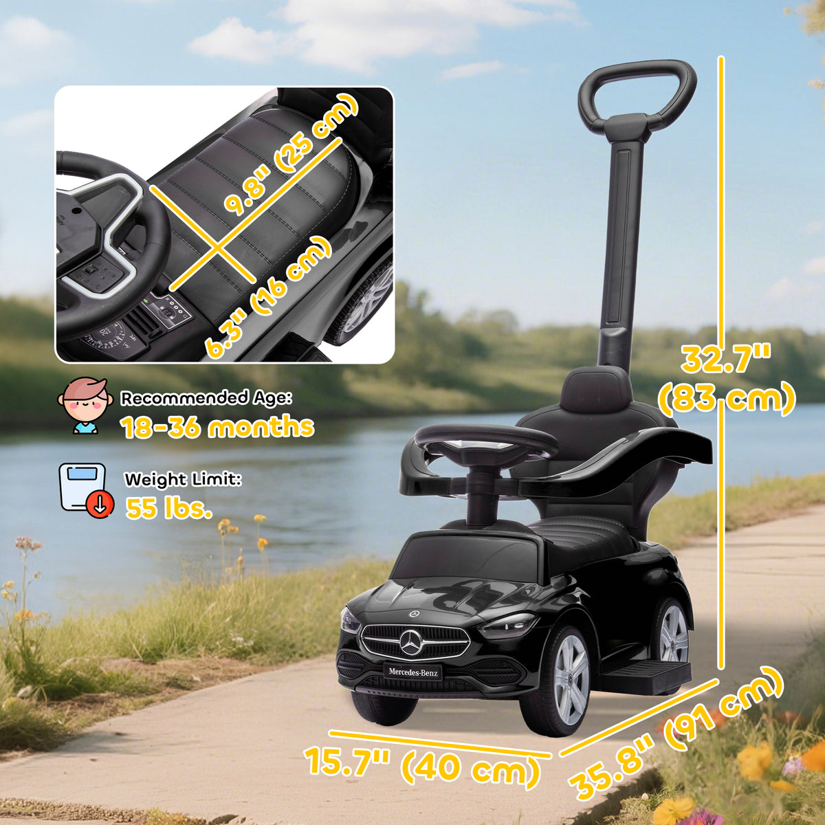 Licensed Mercedes-Benz Push Car for Toddlers, 3-in-1 Sliding Walking Car with Push Handle, Horn, Guardrail-Toys & Games > Baby & Toddler Toys > Riding & Rocking Toys > Push Cars for Toddlers-DECOROLALA
