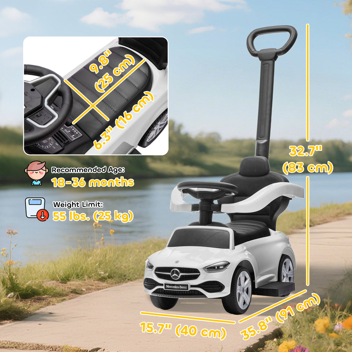 Licensed Mercedes-Benz Push Car for Toddlers, 3-in-1 Sliding Walking Car with Push Handle, Horn, Guardrail-Toys & Games > Baby & Toddler Toys > Riding & Rocking Toys > Push Cars for Toddlers-DECOROLALA
