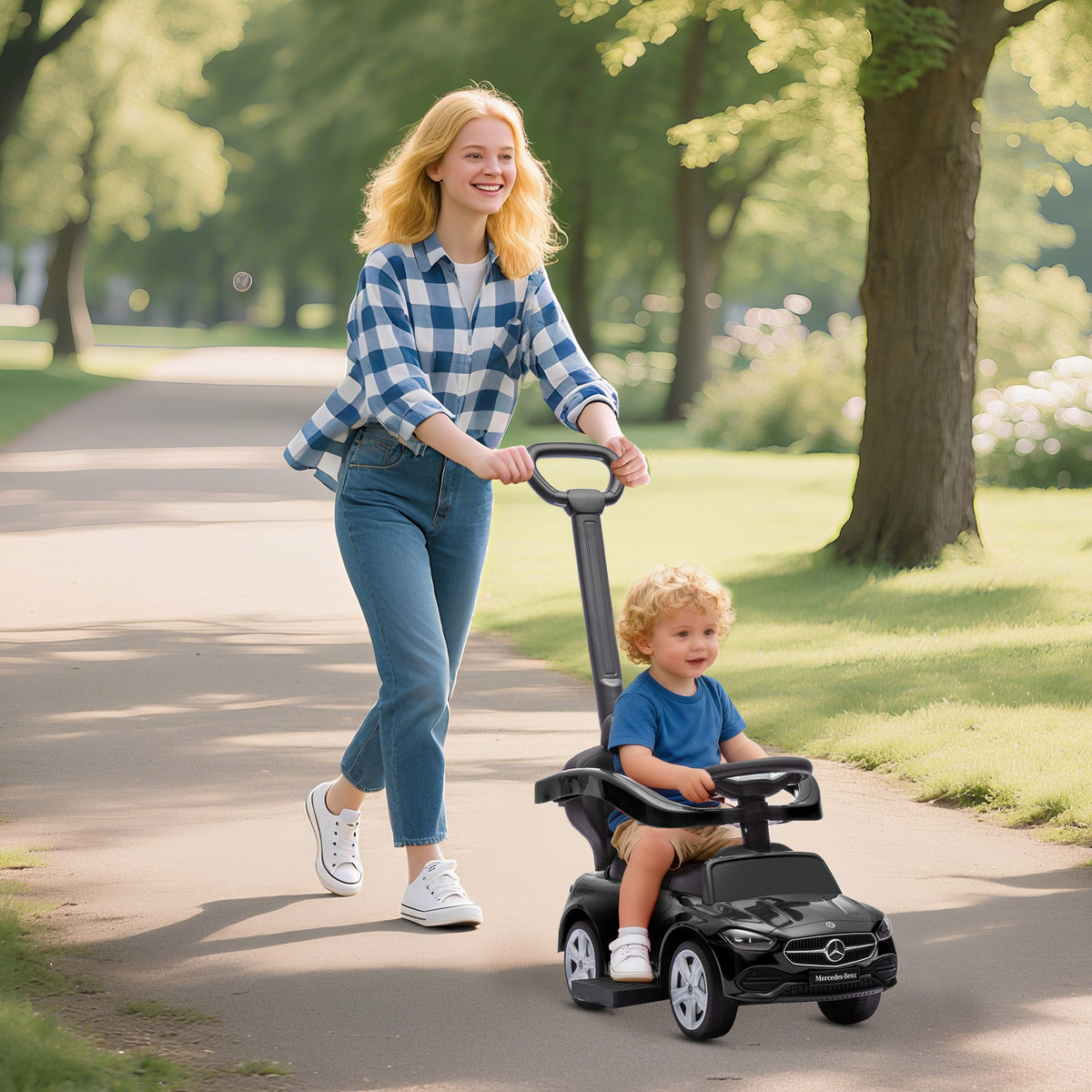 Licensed Mercedes-Benz Push Car for Toddlers, 3-in-1 Sliding Walking Car with Push Handle, Horn, Guardrail-Toys & Games > Baby & Toddler Toys > Riding & Rocking Toys > Push Cars for Toddlers-DECOROLALA