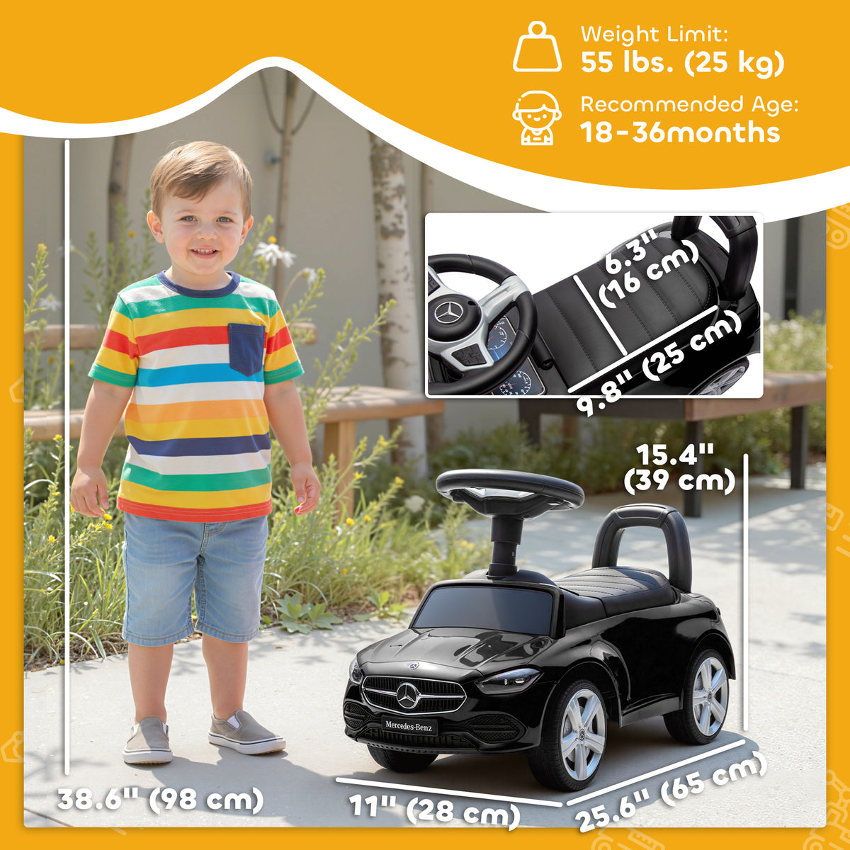 Mercedes-Benz C-Class Kids Ride On Car, Foot-to-Floor Sliding Walker with Under-Seat Storage, for 18-36 M, Black-Toys & Games > Baby & Toddler Toys > Riding & Rocking Toys > Push Cars for Toddlers-DECOROLALA