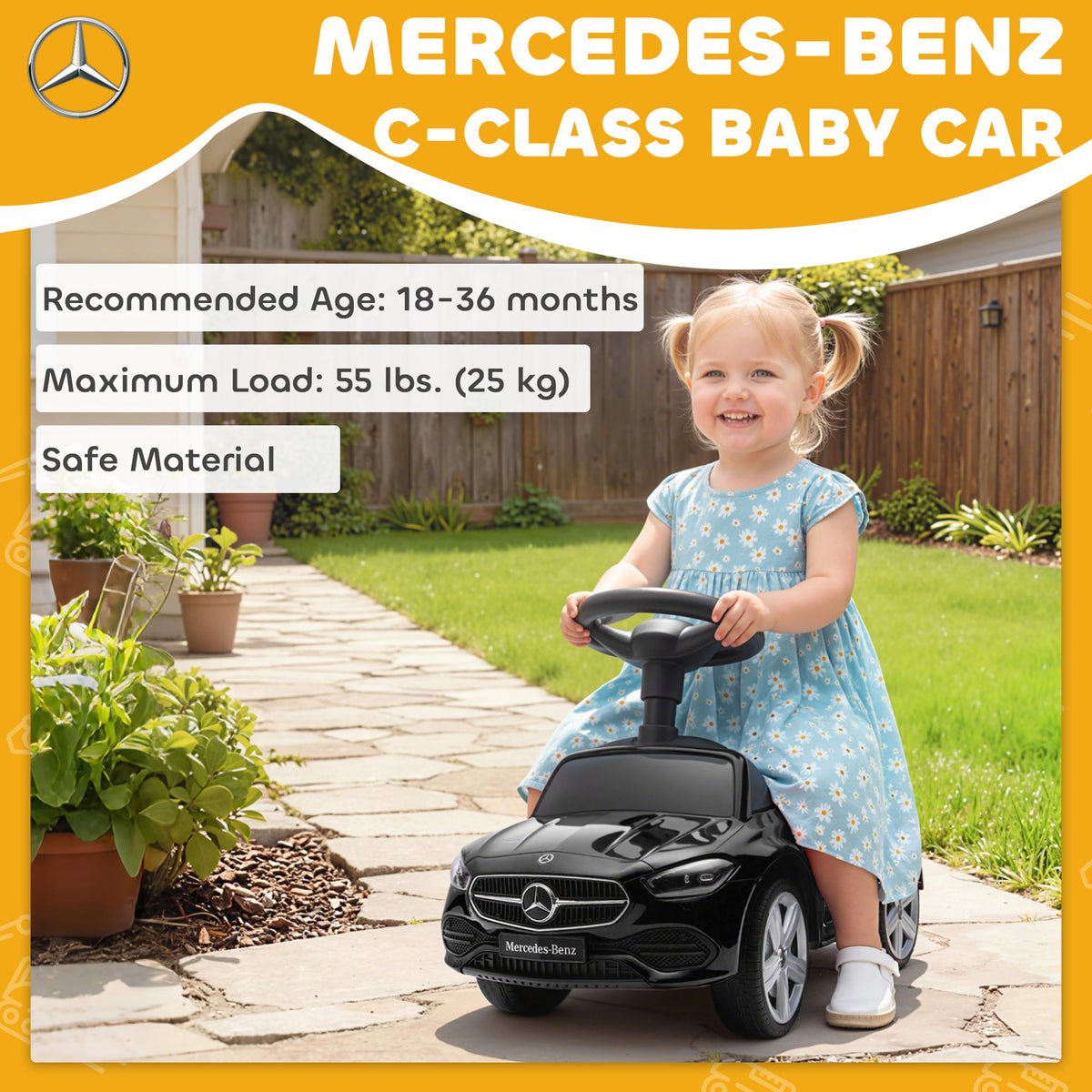 Mercedes-Benz C-Class Kids Ride On Car, Foot-to-Floor Sliding Walker with Under-Seat Storage, for 18-36 M, Black-Toys & Games > Baby & Toddler Toys > Riding & Rocking Toys > Push Cars for Toddlers-DECOROLALA