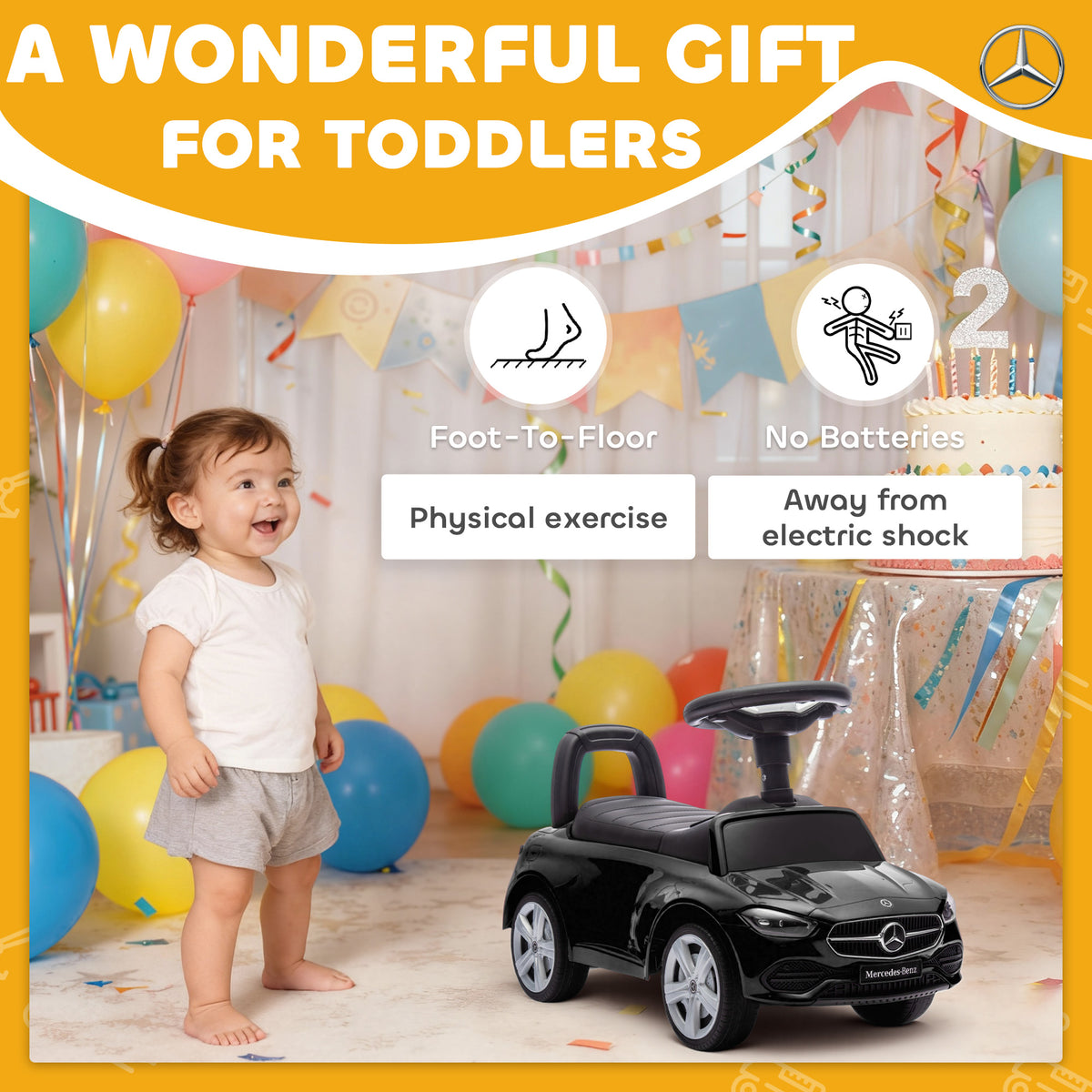 Mercedes-Benz C-Class Kids Ride On Car, Foot-to-Floor Sliding Walker with Under-Seat Storage, for 18-36 M, Black-Toys & Games > Baby & Toddler Toys > Riding & Rocking Toys > Push Cars for Toddlers-DECOROLALA