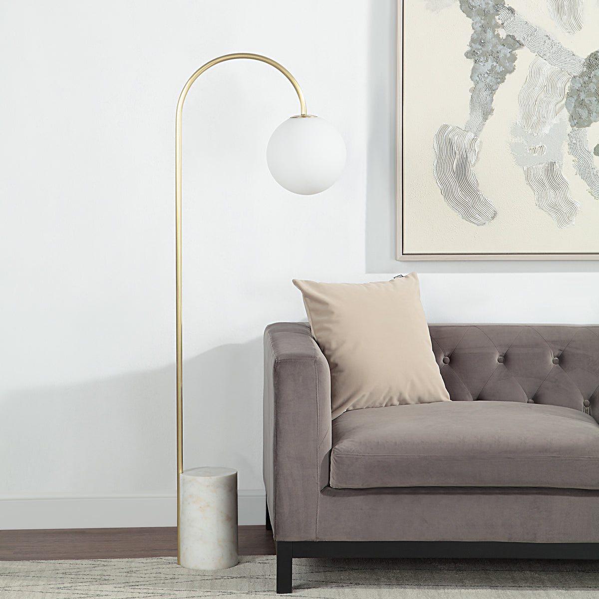 Merlot 62" Tall Satin Brass Floor Lamp with Globe Shade-Floor Lamps-DECOROLALA