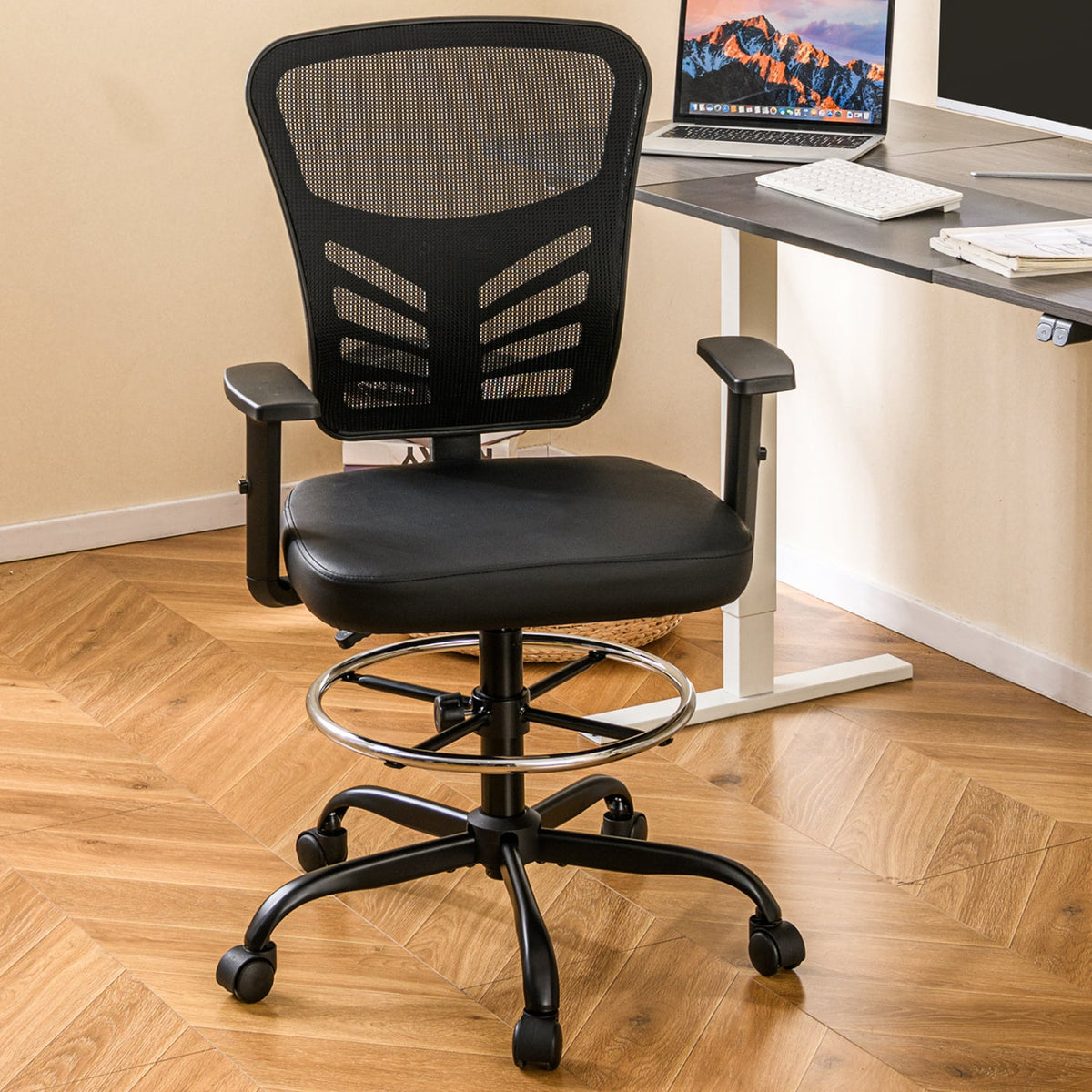 Mesh Drafting Chair Office Chair with Adjustable Armrests and Foot-Ring-Black-Mesh Chairs-DECOROLALA