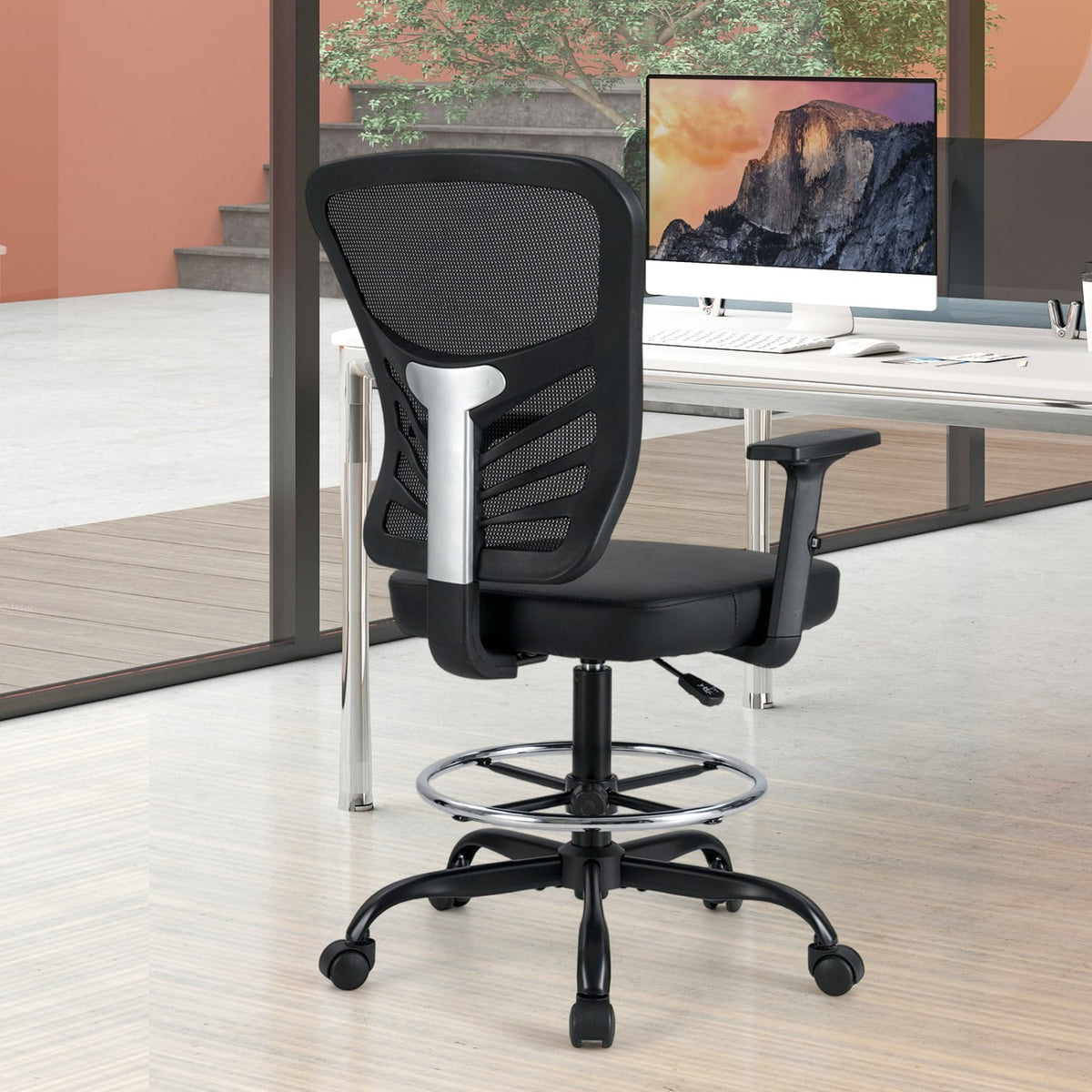 Mesh Drafting Chair Office Chair with Adjustable Armrests and Foot-Ring-Black-Mesh Chairs-DECOROLALA