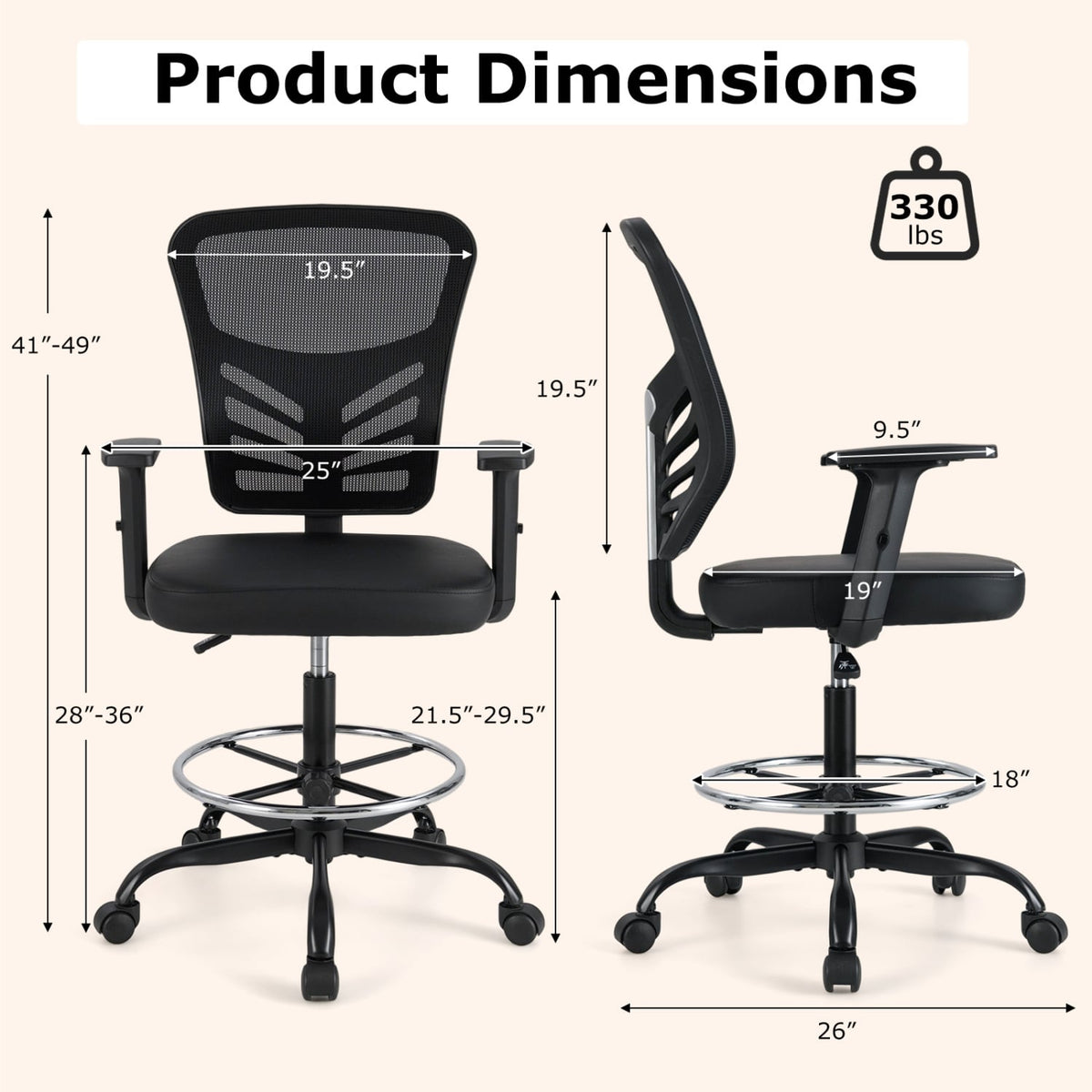 Mesh Drafting Chair Office Chair with Adjustable Armrests and Foot-Ring-Black-Mesh Chairs-DECOROLALA