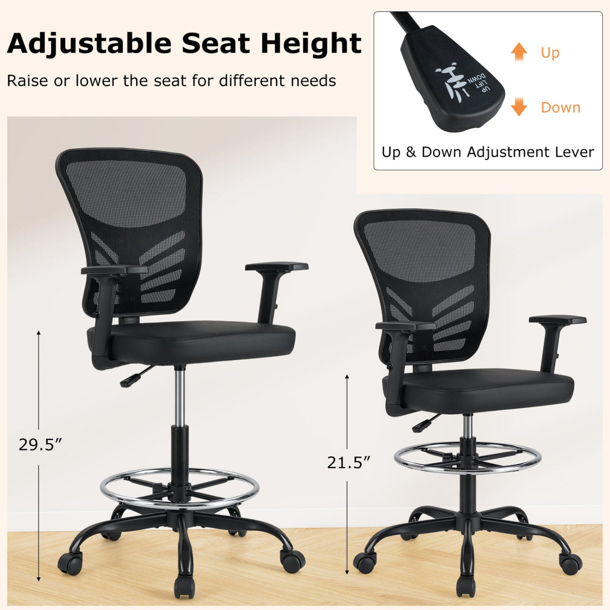 Mesh Drafting Chair Office Chair with Adjustable Armrests and Foot-Ring-Black-Mesh Chairs-DECOROLALA