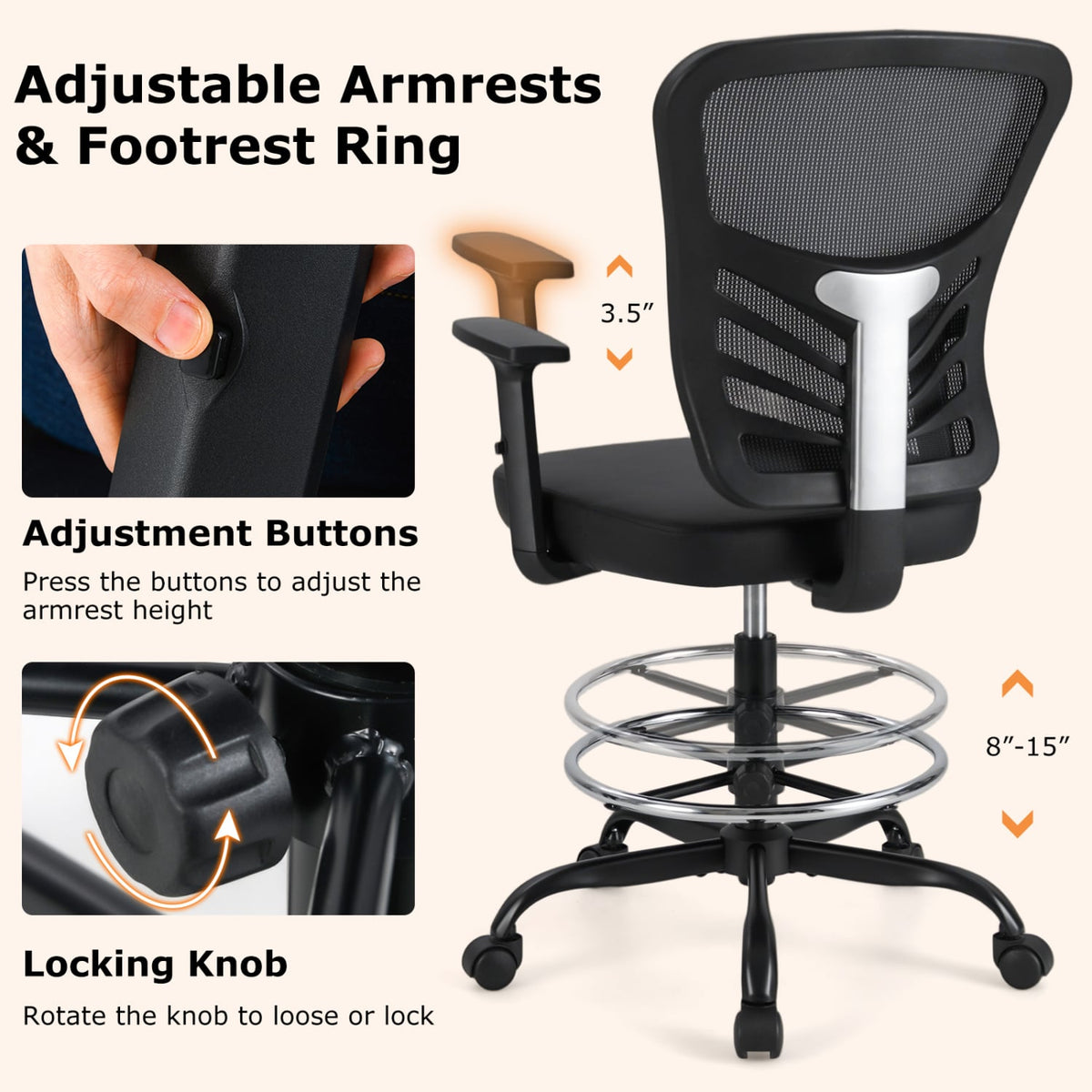 Mesh Drafting Chair Office Chair with Adjustable Armrests and Foot-Ring-Black-Mesh Chairs-DECOROLALA