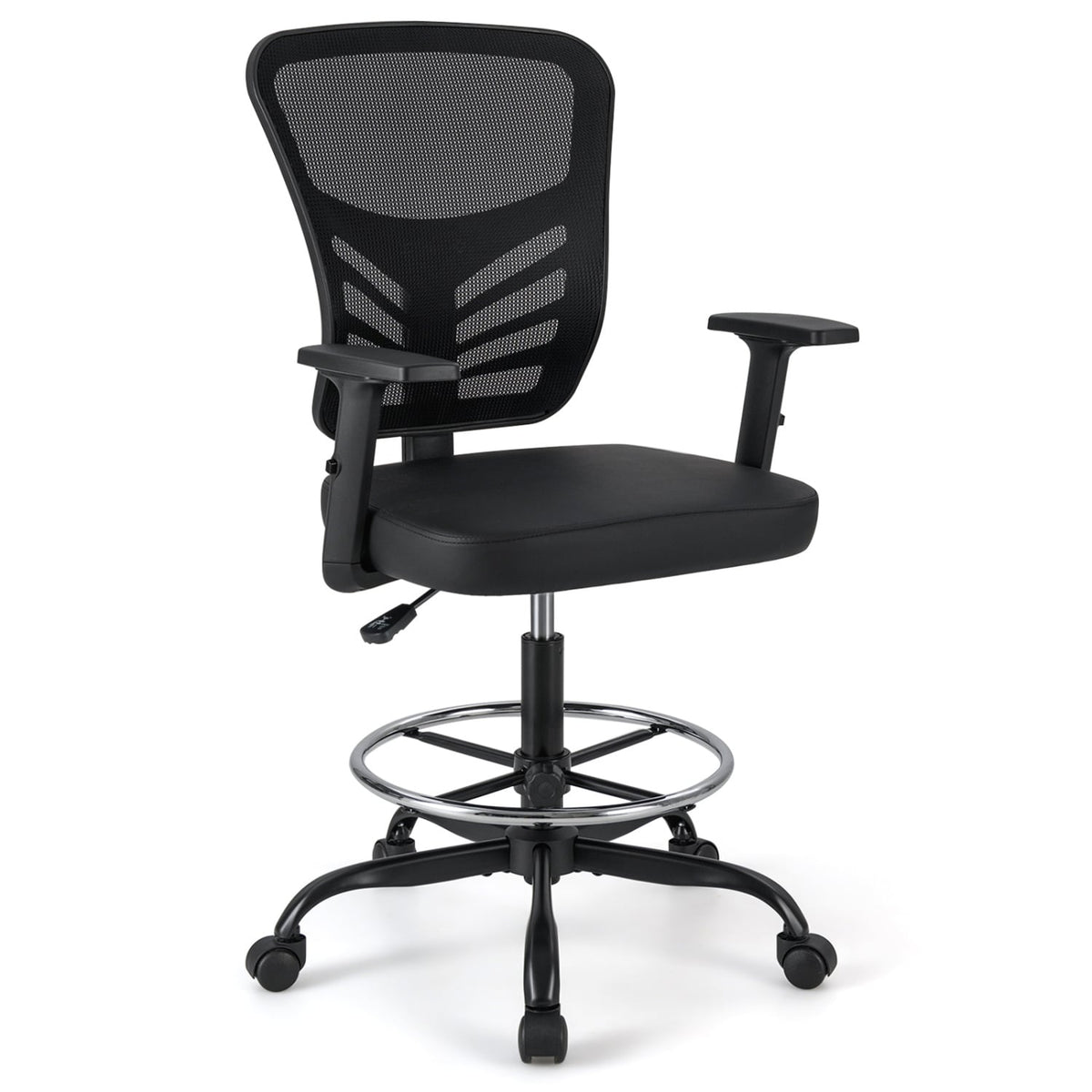 Mesh Drafting Chair Office Chair with Adjustable Armrests and Foot-Ring-Black-Mesh Chairs-DECOROLALA