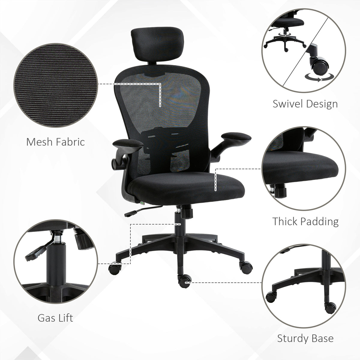 Mesh Office Chair - 4D Lumbar Support & Flip-up Arms, Black-Office Chairs-DECOROLALA