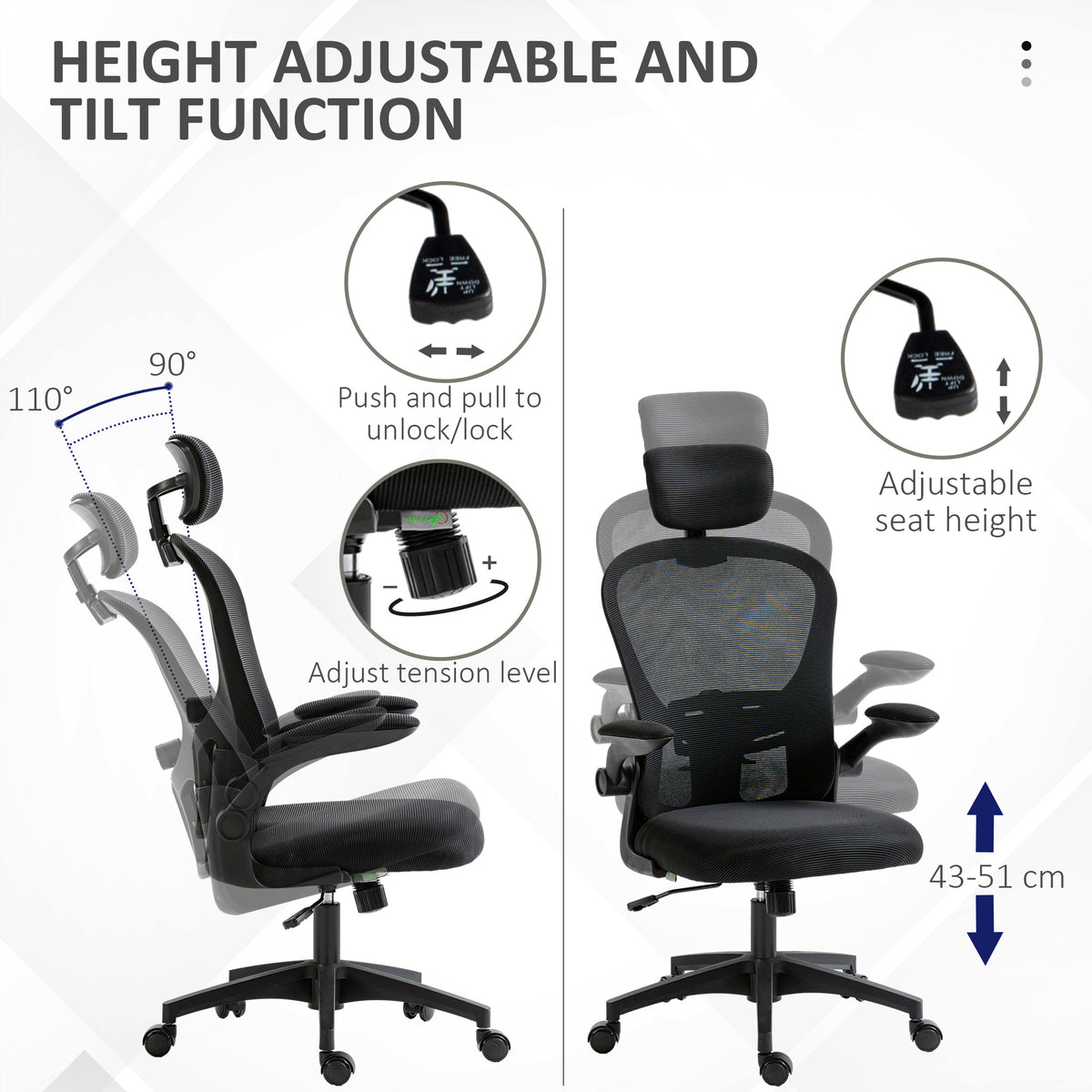 Mesh Office Chair - 4D Lumbar Support & Flip-up Arms, Black-Office Products > Office Furniture > Office Chairs-DECOROLALA