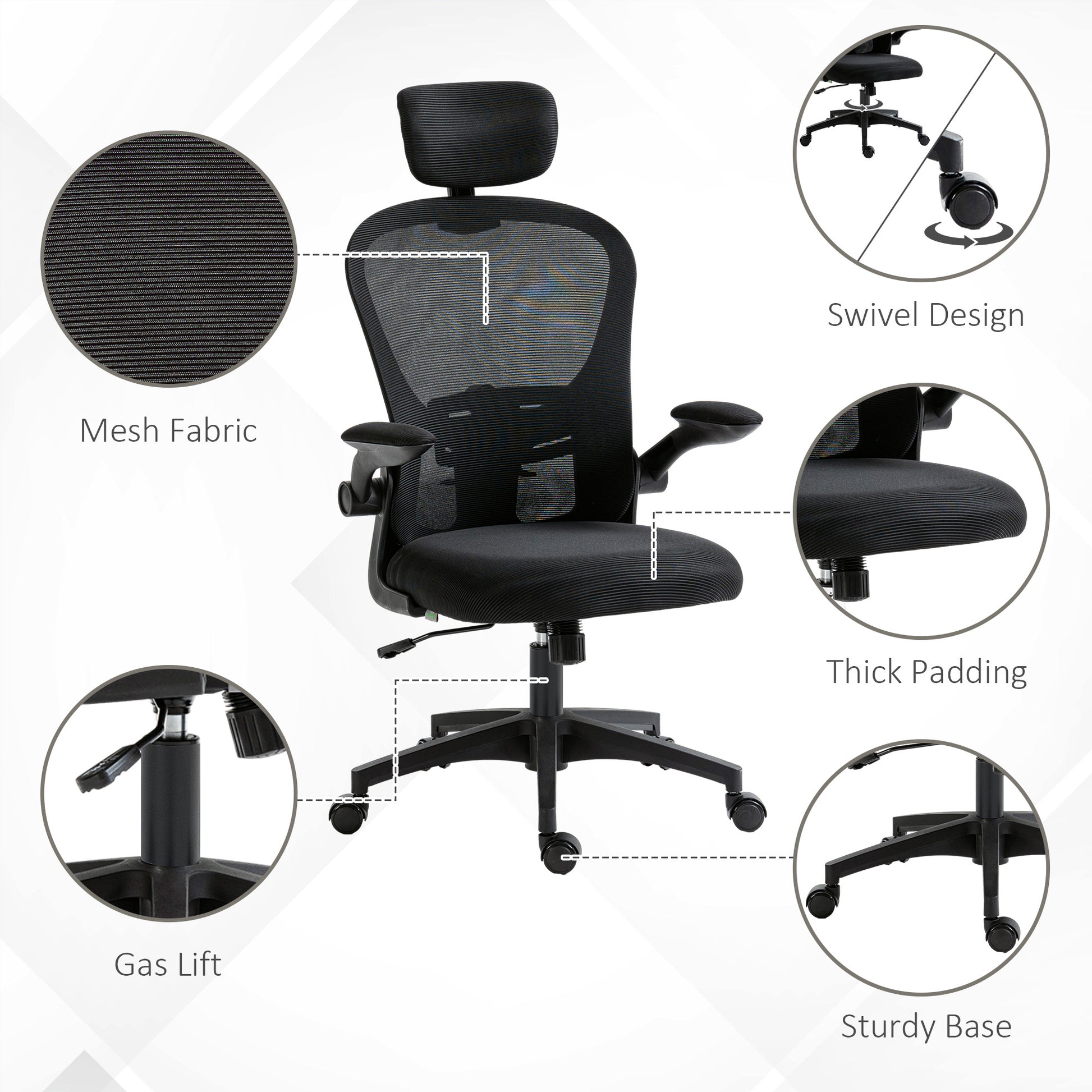 Mesh Office Chair - 4D Lumbar Support & Flip-up Arms, Black-Office Products > Office Furniture > Office Chairs-DECOROLALA