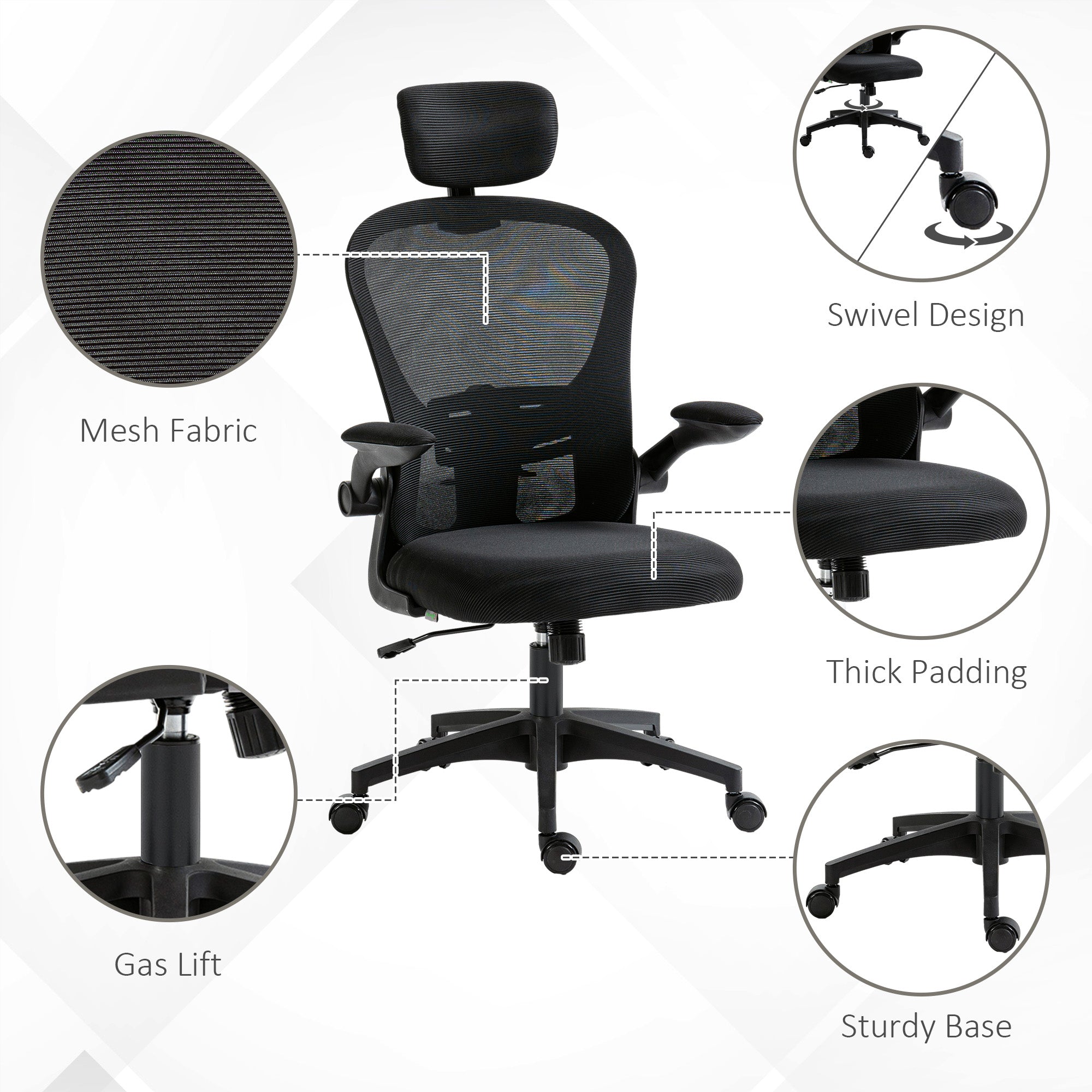 Mesh Office Chair - 4D Lumbar Support & Flip-up Arms, Black-Office Products > Office Furniture > Office Chairs-DECOROLALA