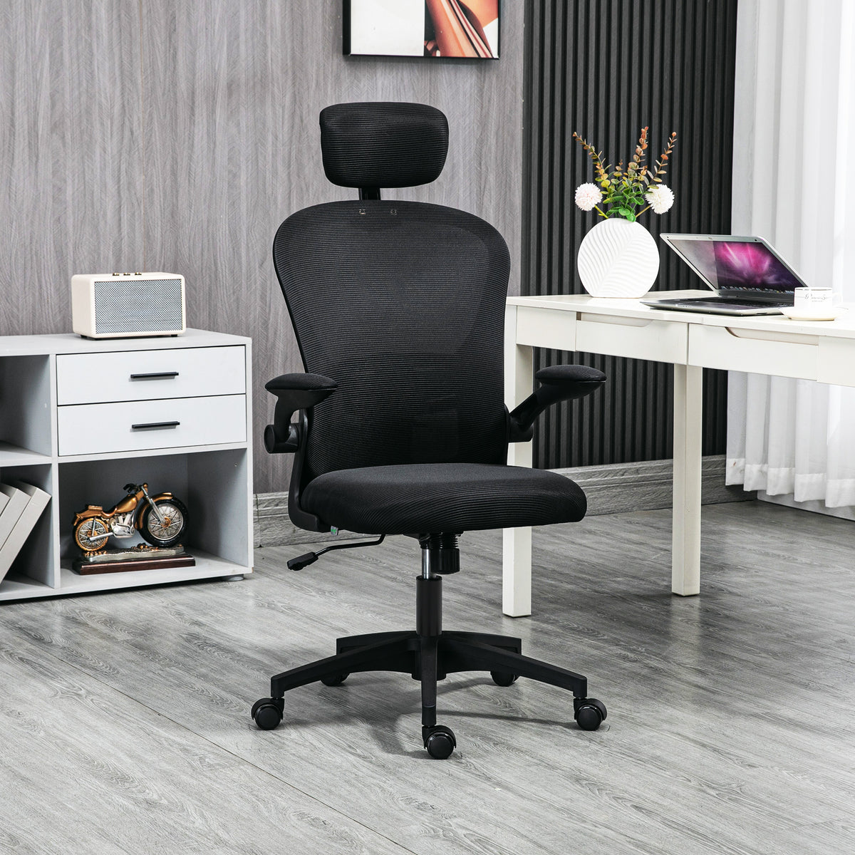 Mesh Office Chair - 4D Lumbar Support & Flip-up Arms, Black-Office Products > Office Furniture > Office Chairs-DECOROLALA