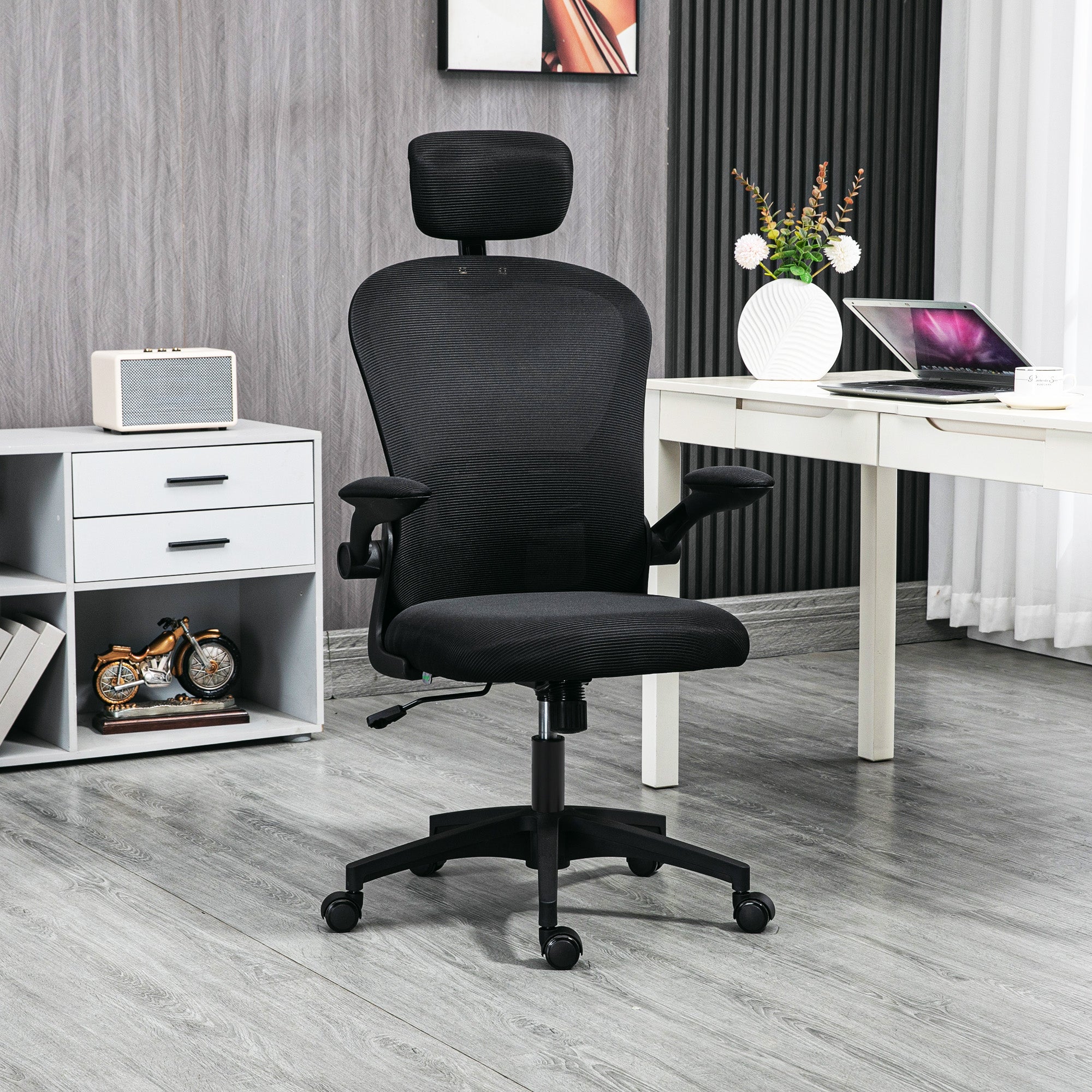 Mesh Office Chair - 4D Lumbar Support & Flip-up Arms, Black-Office Products > Office Furniture > Office Chairs-DECOROLALA